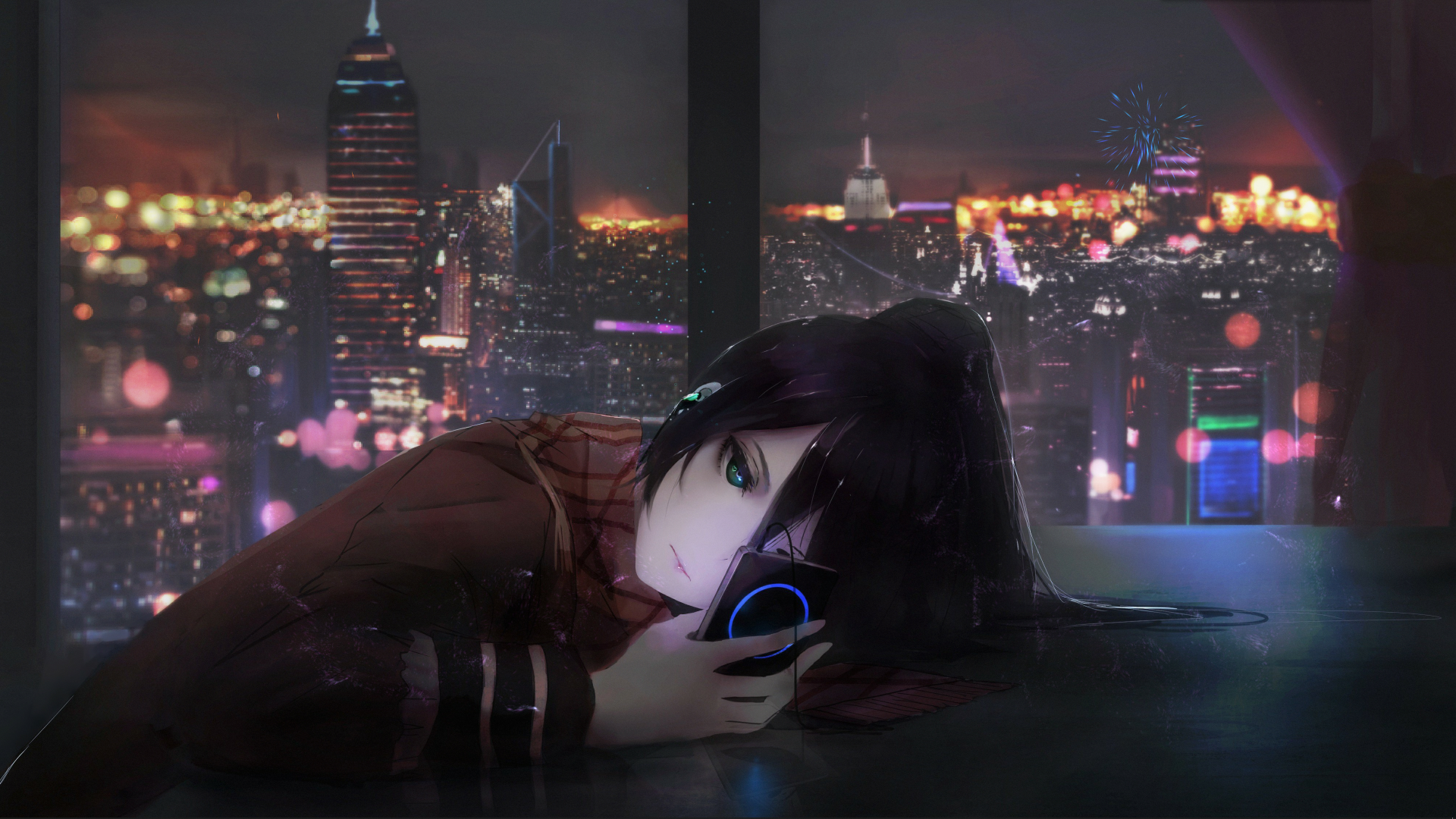 Anime Comic Art Anime Girls Music Player Headphones Blue Eyes Scarf Lying Down Resting Head Black Ha 1920x1080