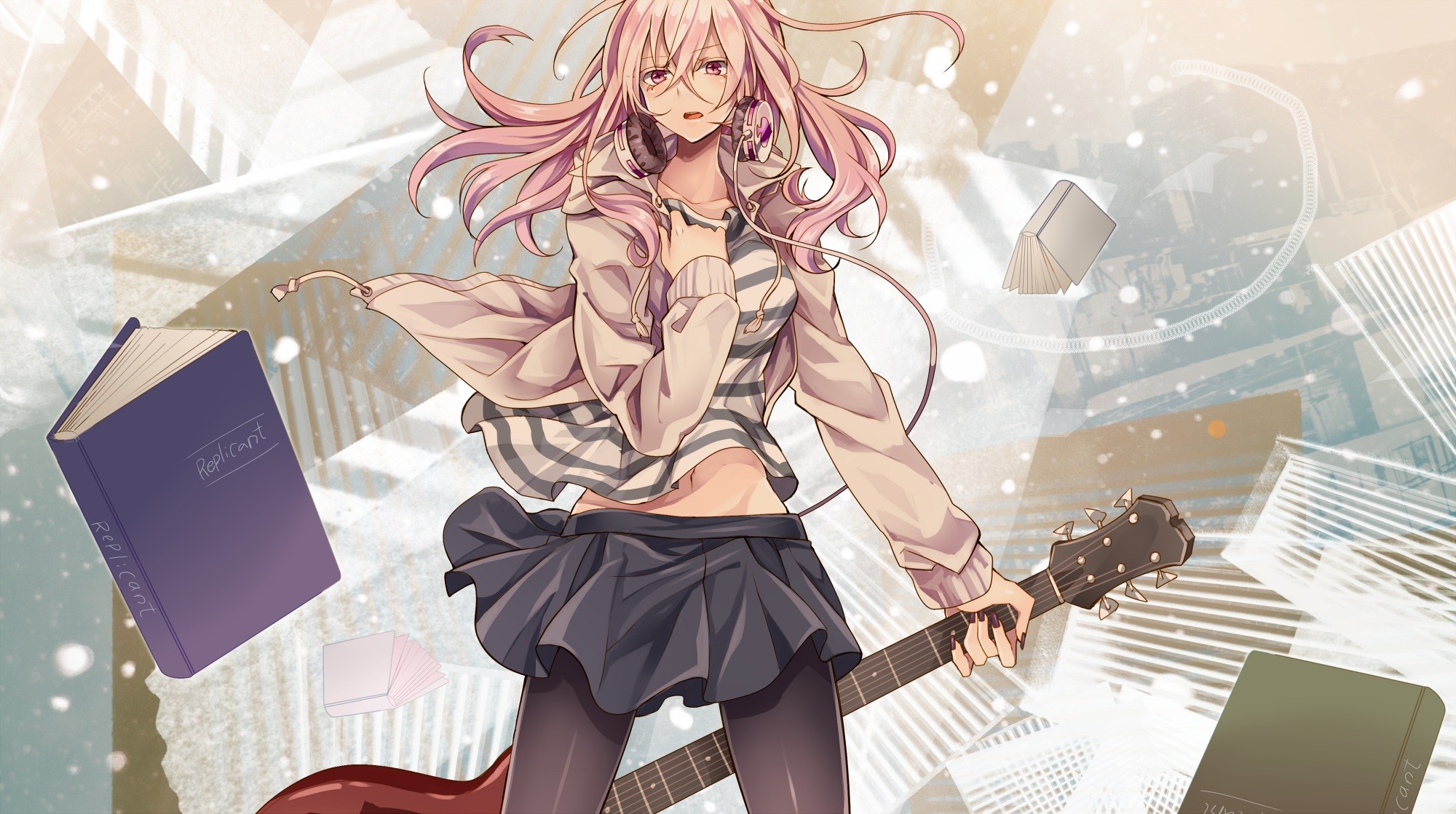 Gahata Mage Utau Anime Girls Pink Hair Red Eyes Long Hair Headphones Skirt Guitar 2000x1119