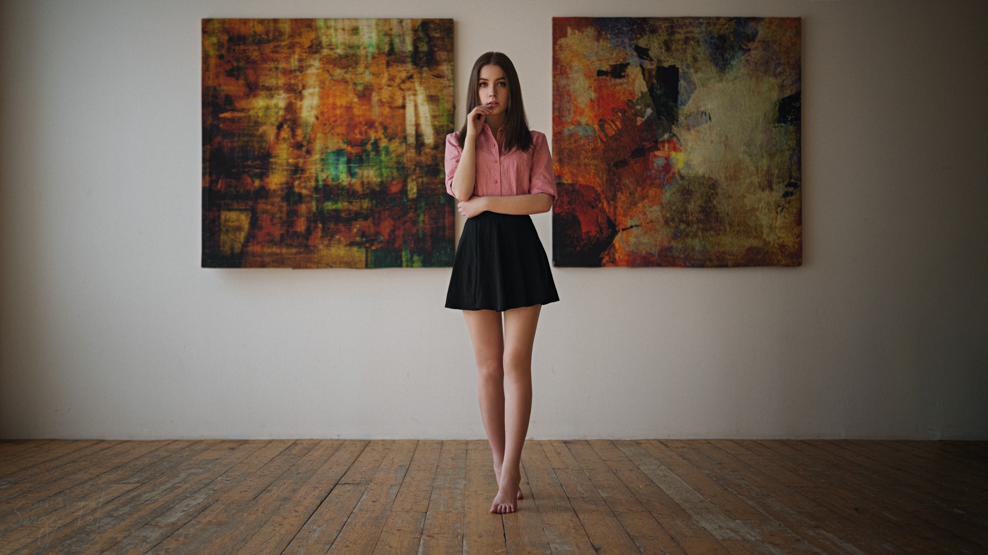 Ksenia Kokoreva Sergey Fat Portrait Women Shirt Black Skirts Barefoot Pink Shirt Long Hair Straight  1920x1080