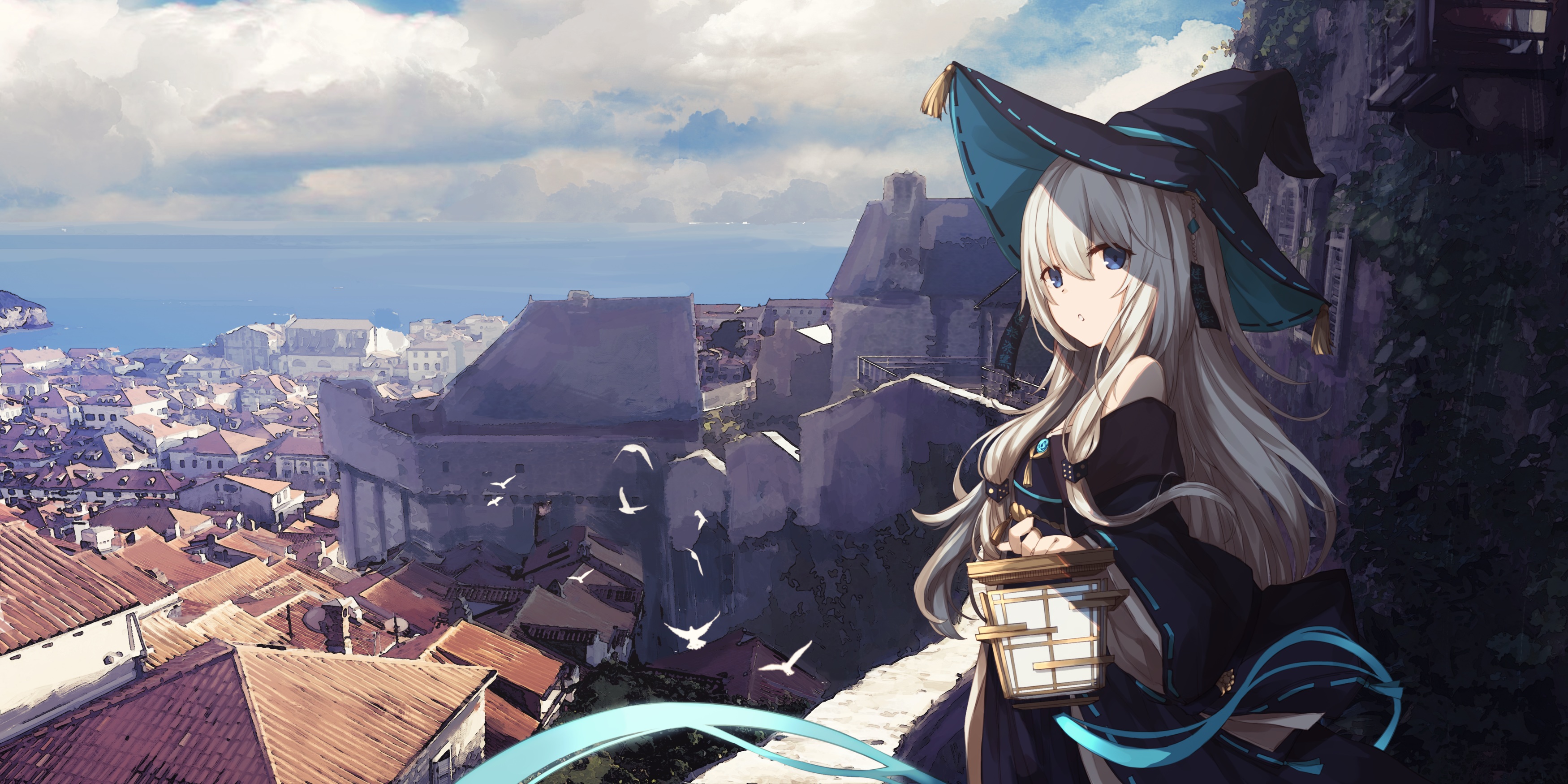 Sagiri Ulpha220 Blue Eyes Building City Clouds Hat Water Witch Witch Hat Long Hair Anime 3500x1750