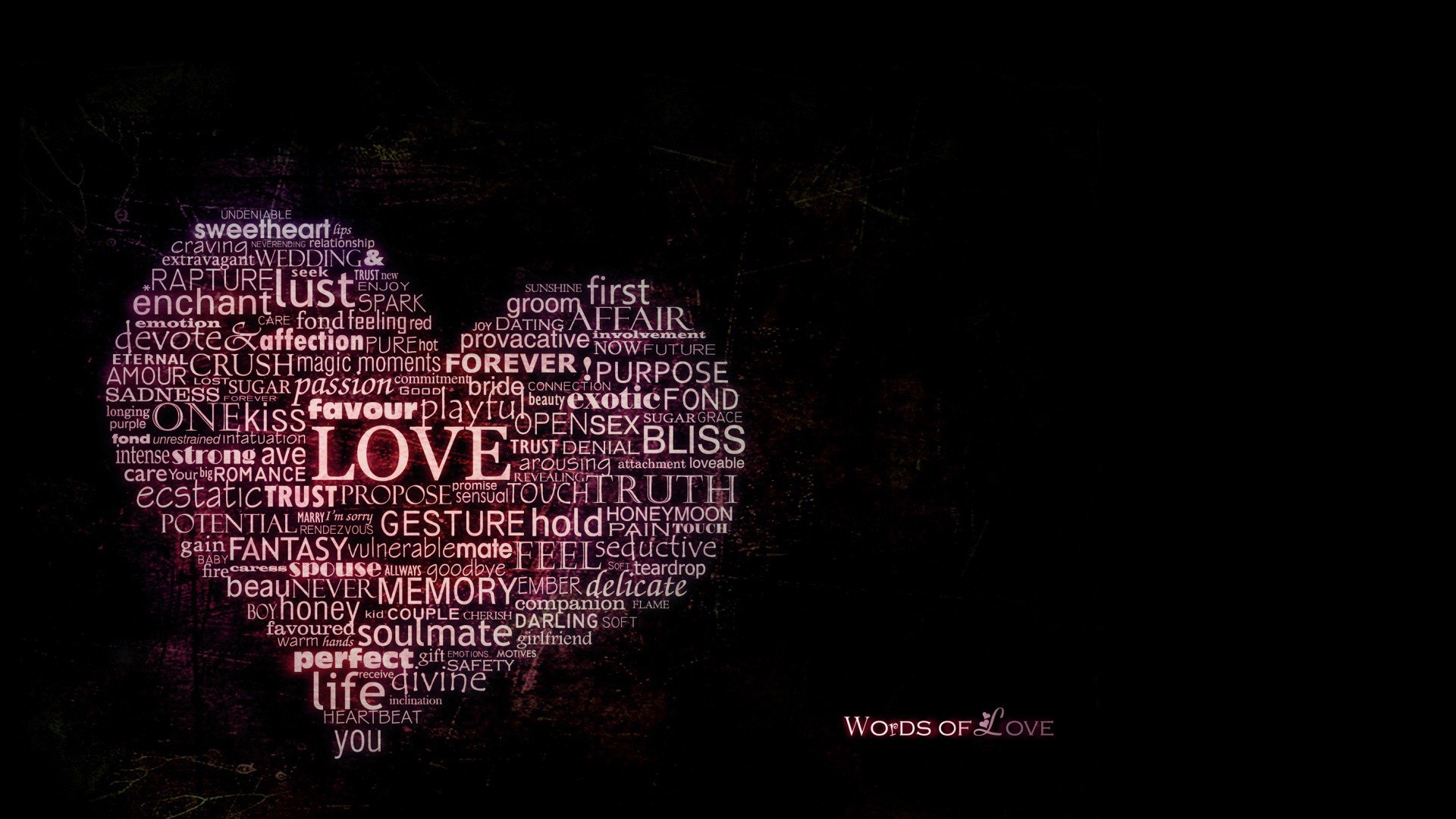 Typography Text Word Clouds Black Background Heart 1920x1080