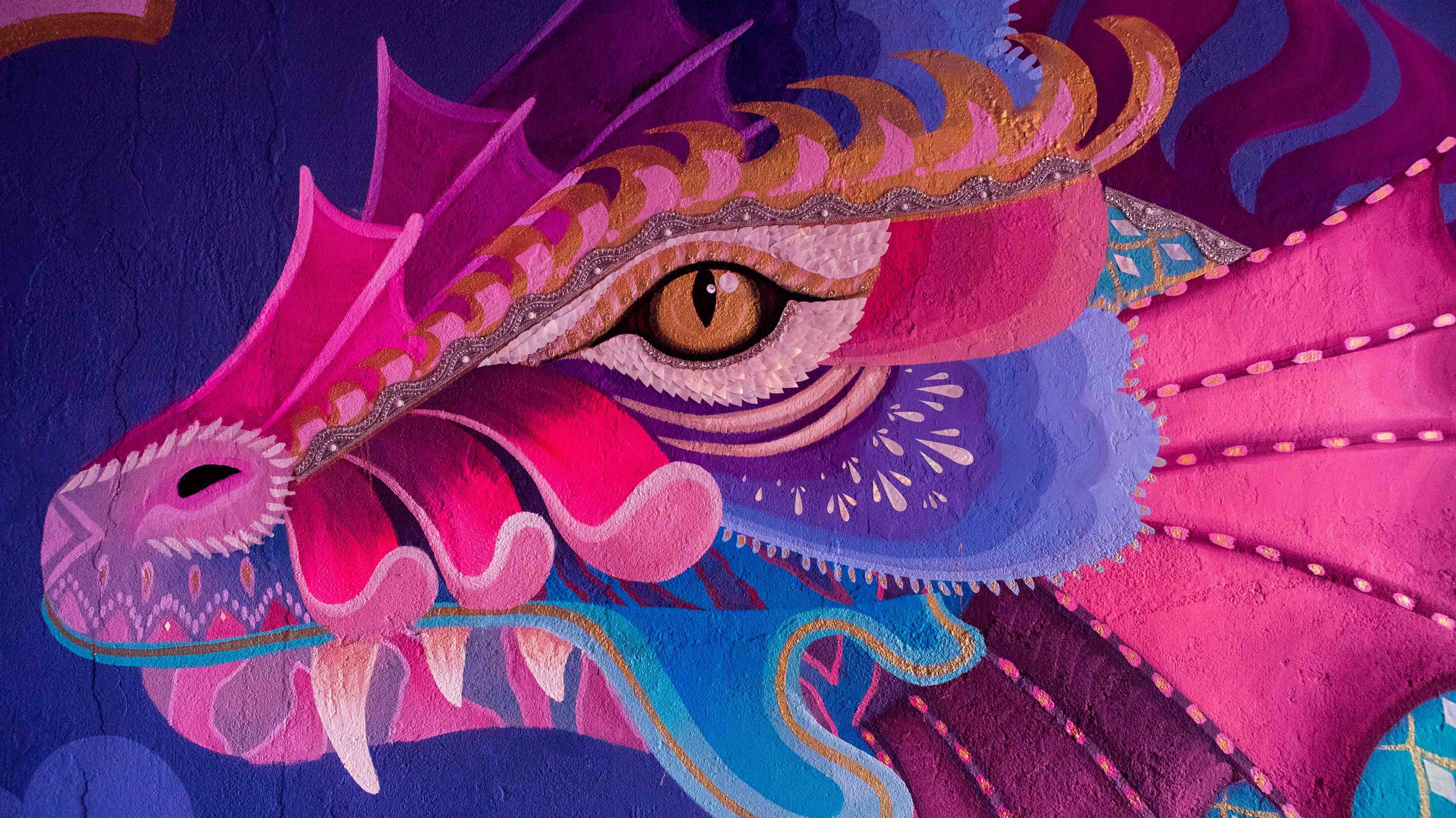Dragon Artwork Mural Wall Eyes Pink Purple Fangs 4240x2384