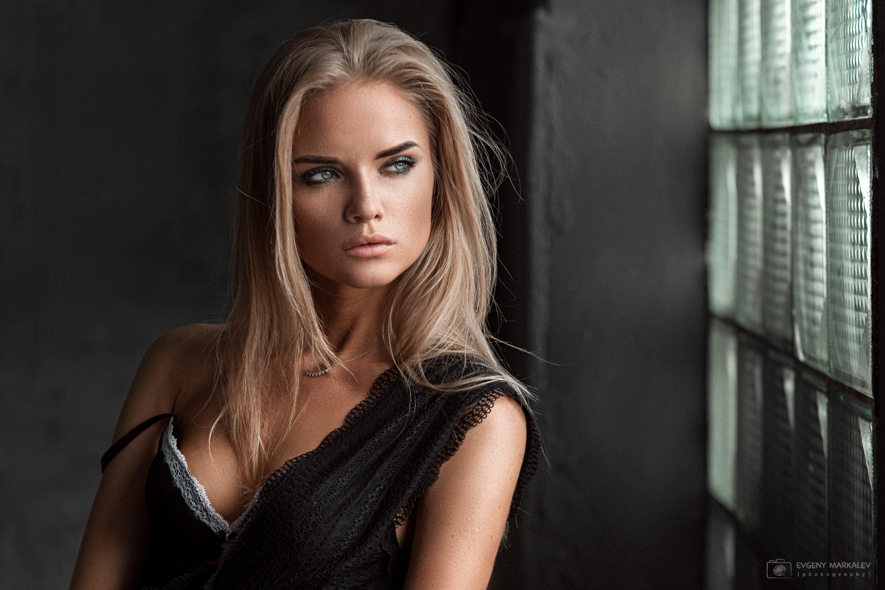 Women Blonde Evgeny Markalev Face Bare Shoulders Portrait Looking Away Straight Hair 3000x2000