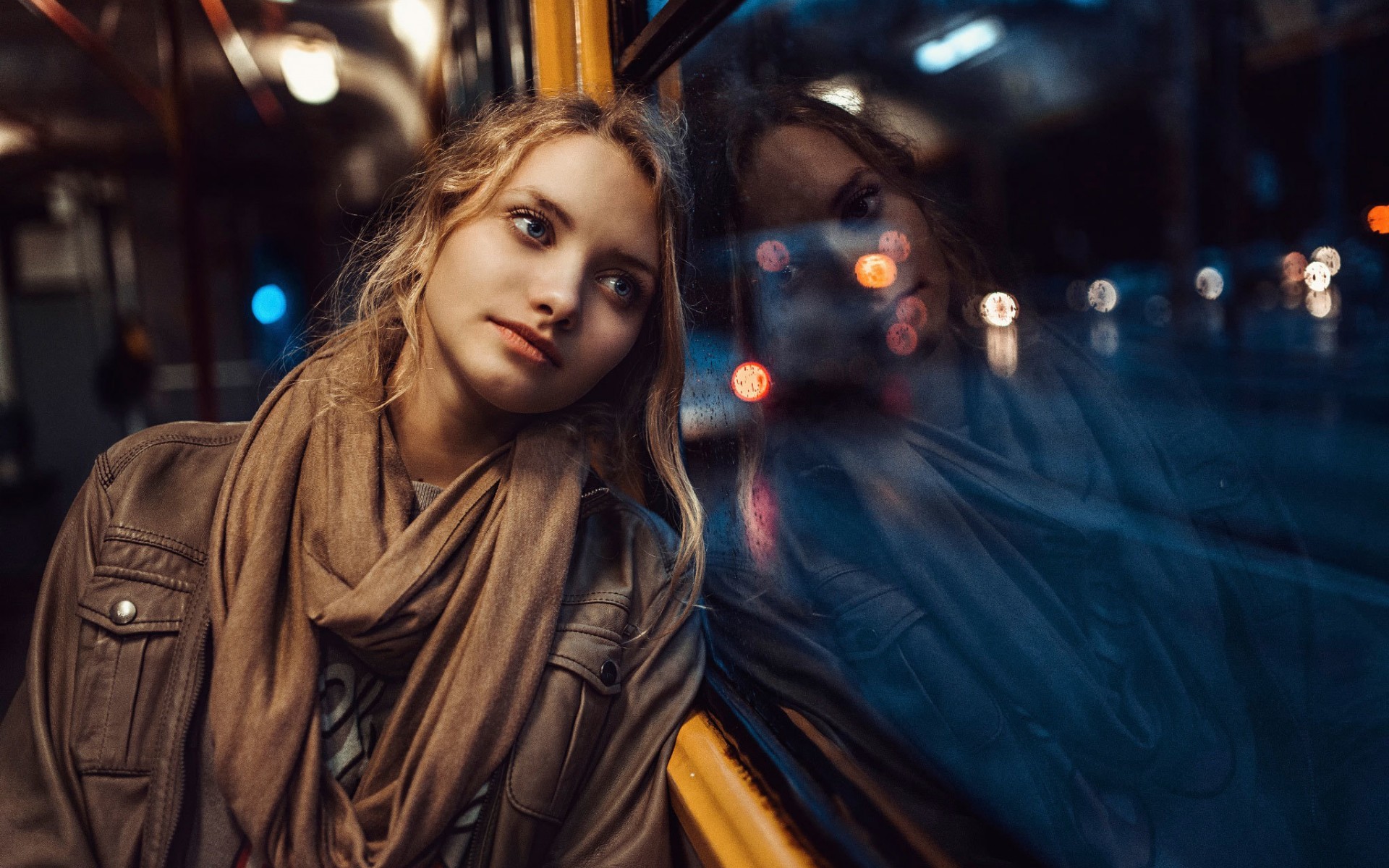 Women Reflection Blue Eyes Scarf Vehicle Brown Jacket Looking Out Window 1920x1200