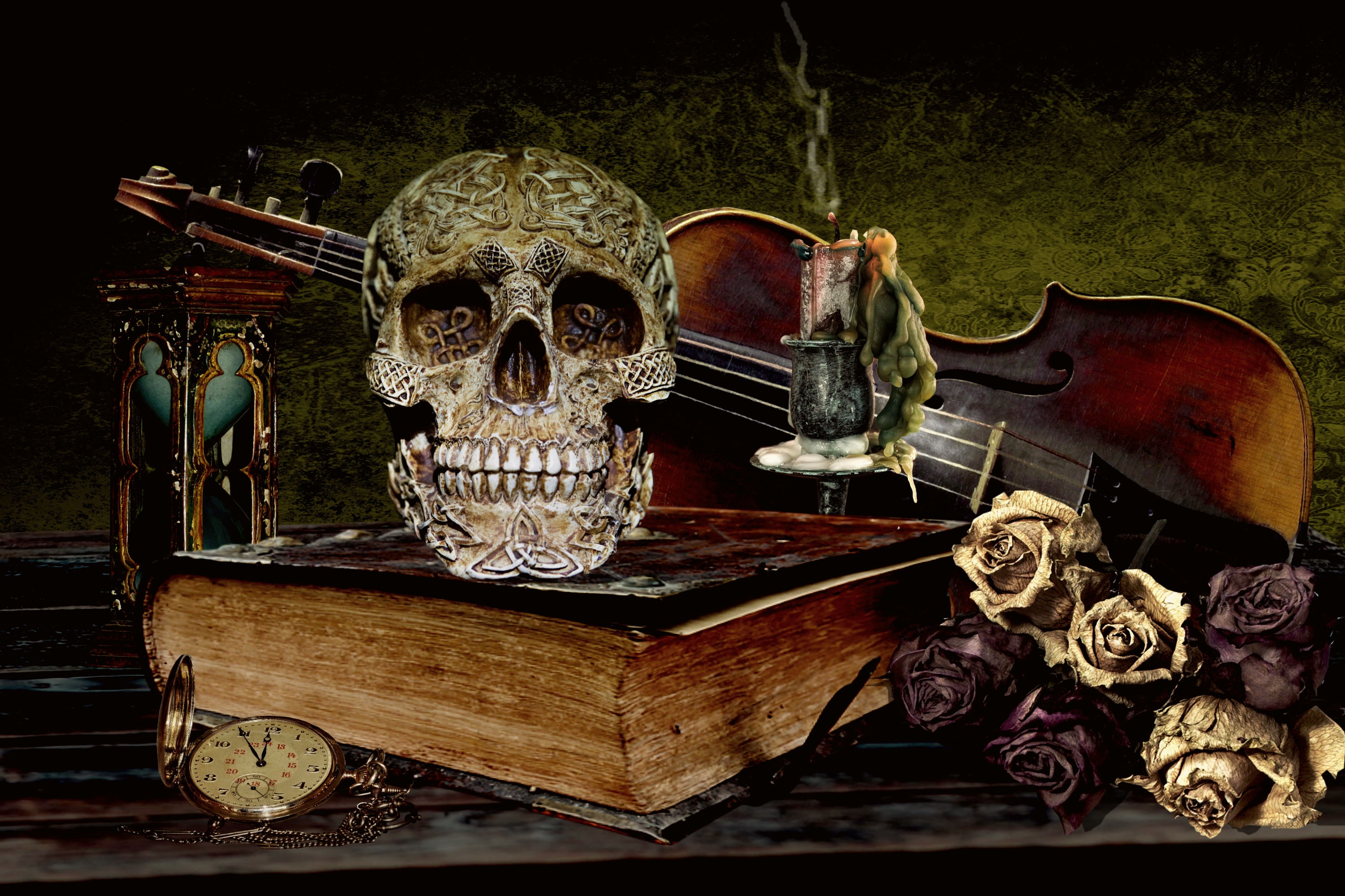 Still Life Skull Violin Rose Flower Book Pocket Watch Candle Hourglass 3000x2000