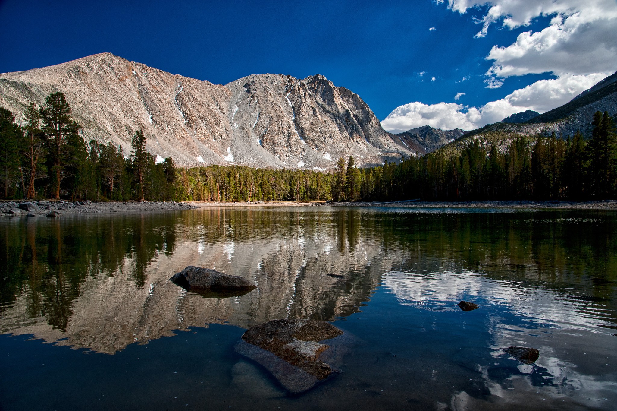 Nature Landscape Mountains Trees Forest Water Lake Clouds Sierra Nevada California USA Rock Stones R 2048x1363