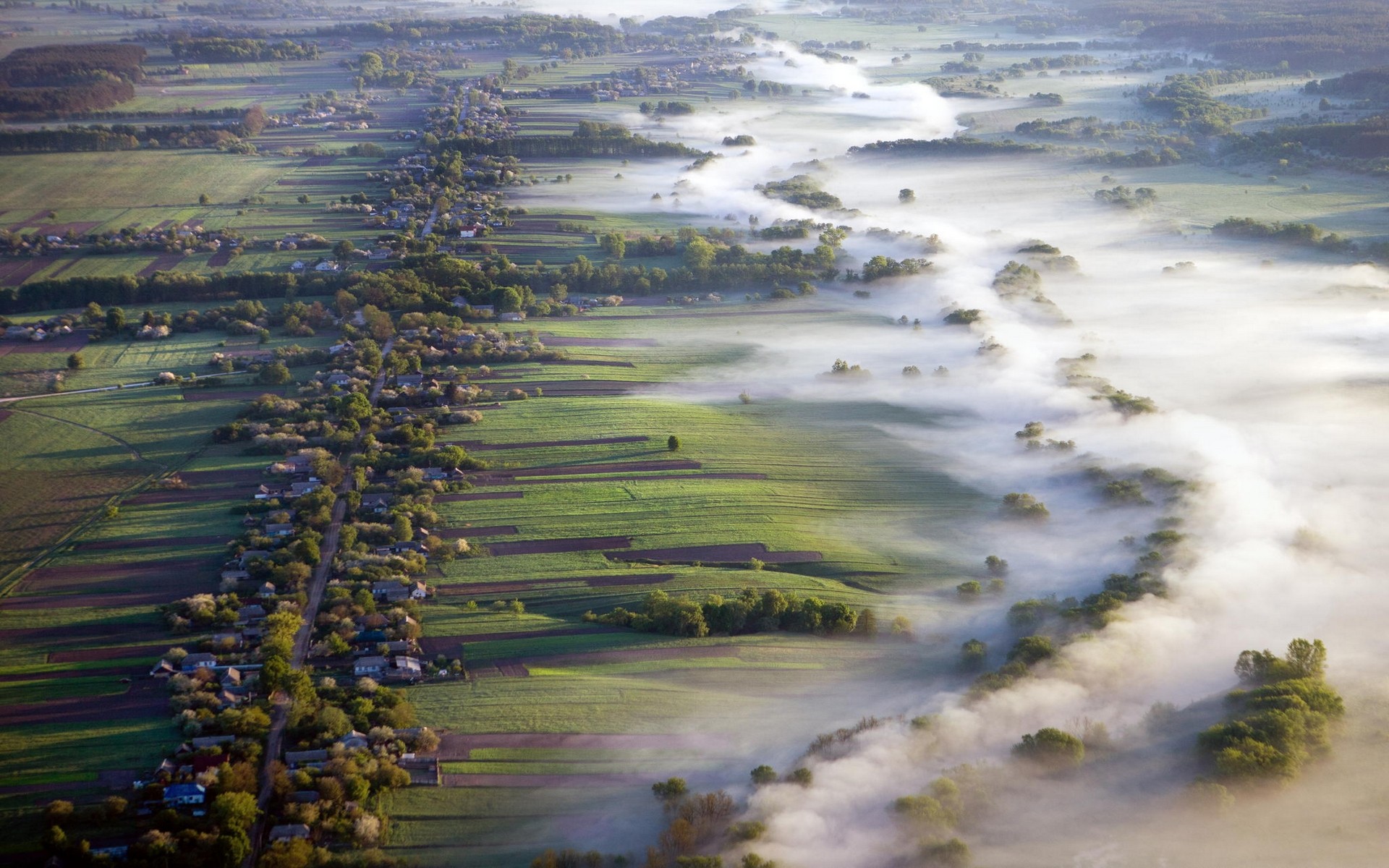Nature Landscape Aerial View Mist Villages Field Road Morning Ukraine 1920x1200