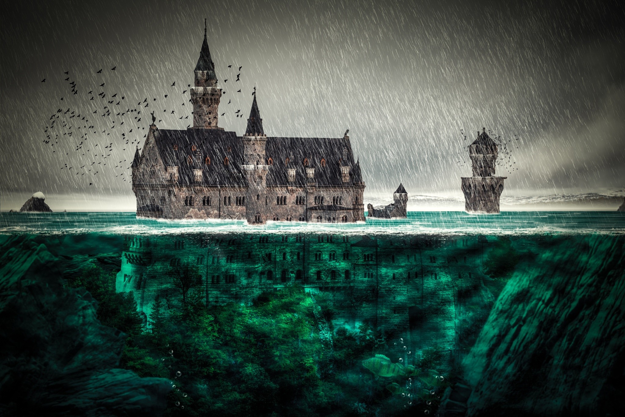 Digital Art Fantasy Art Architecture Castle Flood Rain Water Underwater Rock Trees Tower Birds Bubbl 2048x1365