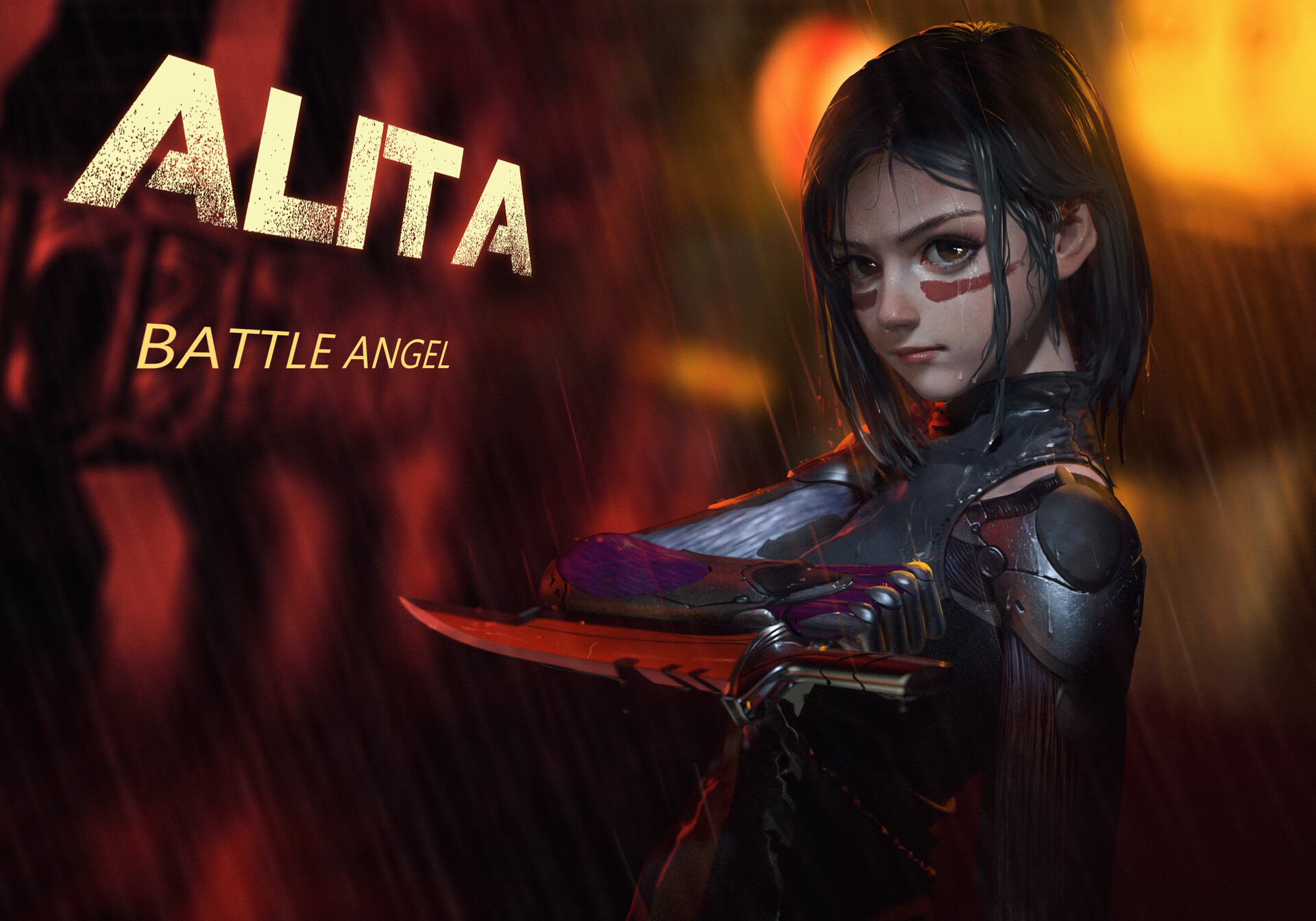 Alita Battle Angel Drawing Dark Hair Wet Short Hair Face Paint Cyborg Cyberpunk Armor Weapon Blades  1920x1344