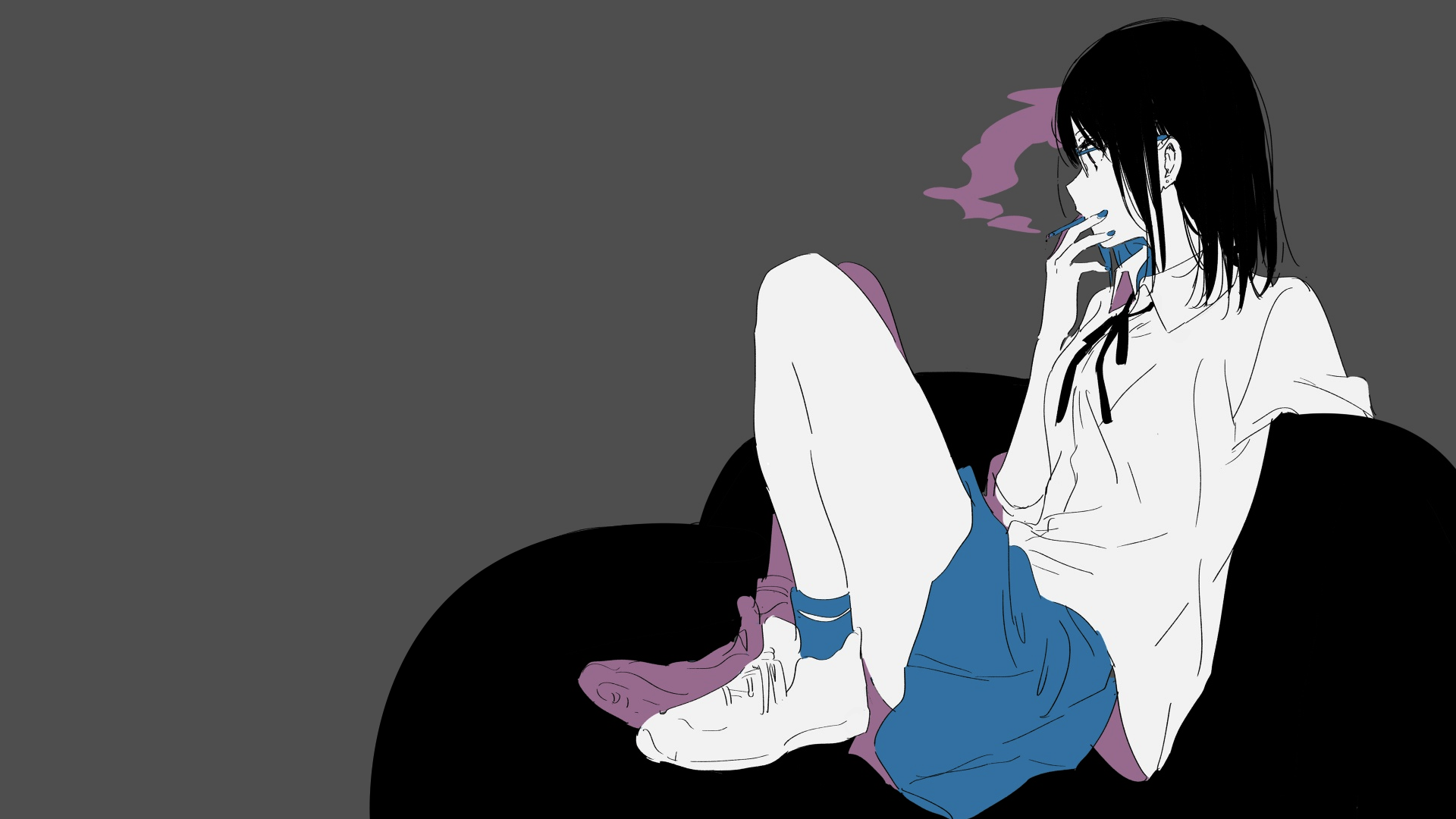 Anime Manga Anime Girls Simple Background Minimalism Gray Schoolgirl Smoking Black Hair Meganekko Gl 1920x1080