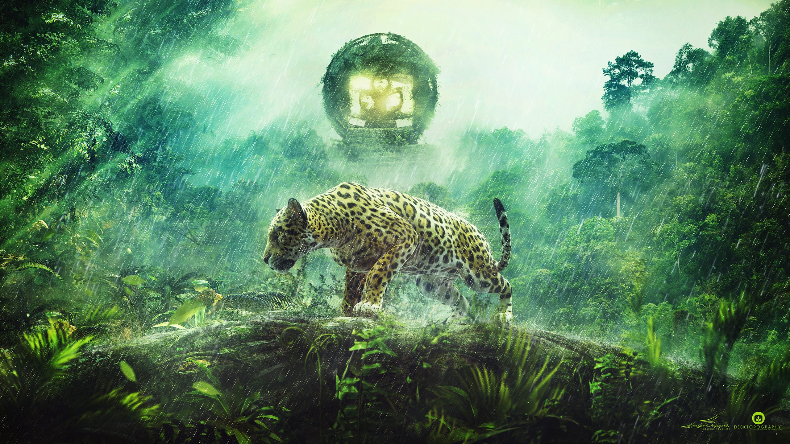Desktopography Jaguar Photoshop Digital Animals Cats Jungle Plants Lights Sun Rays Rain Artwork Gree 2560x1440