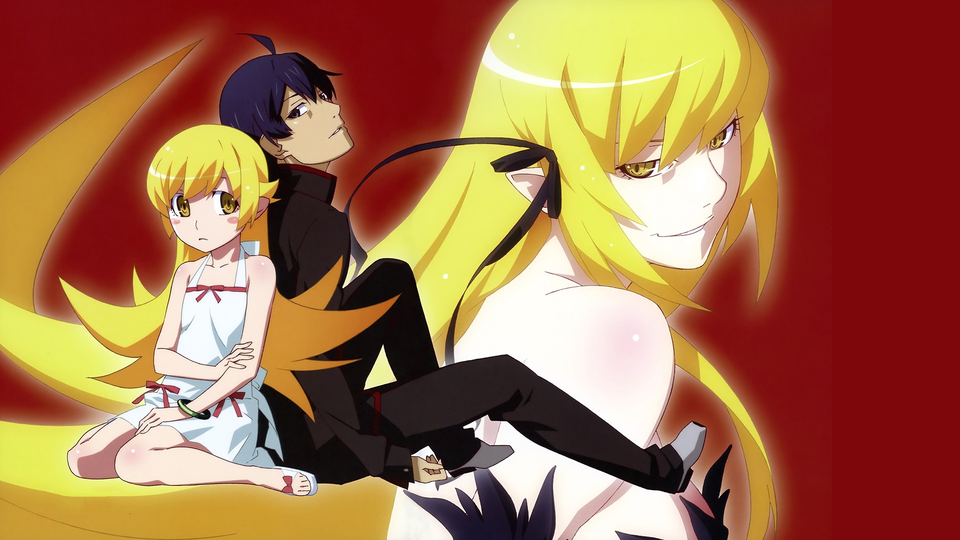 Monogatari Series Oshino Shinobu Araragi Koyomi Anime Girls Blonde Yellow Eyes Pointed Ears 1920x1080