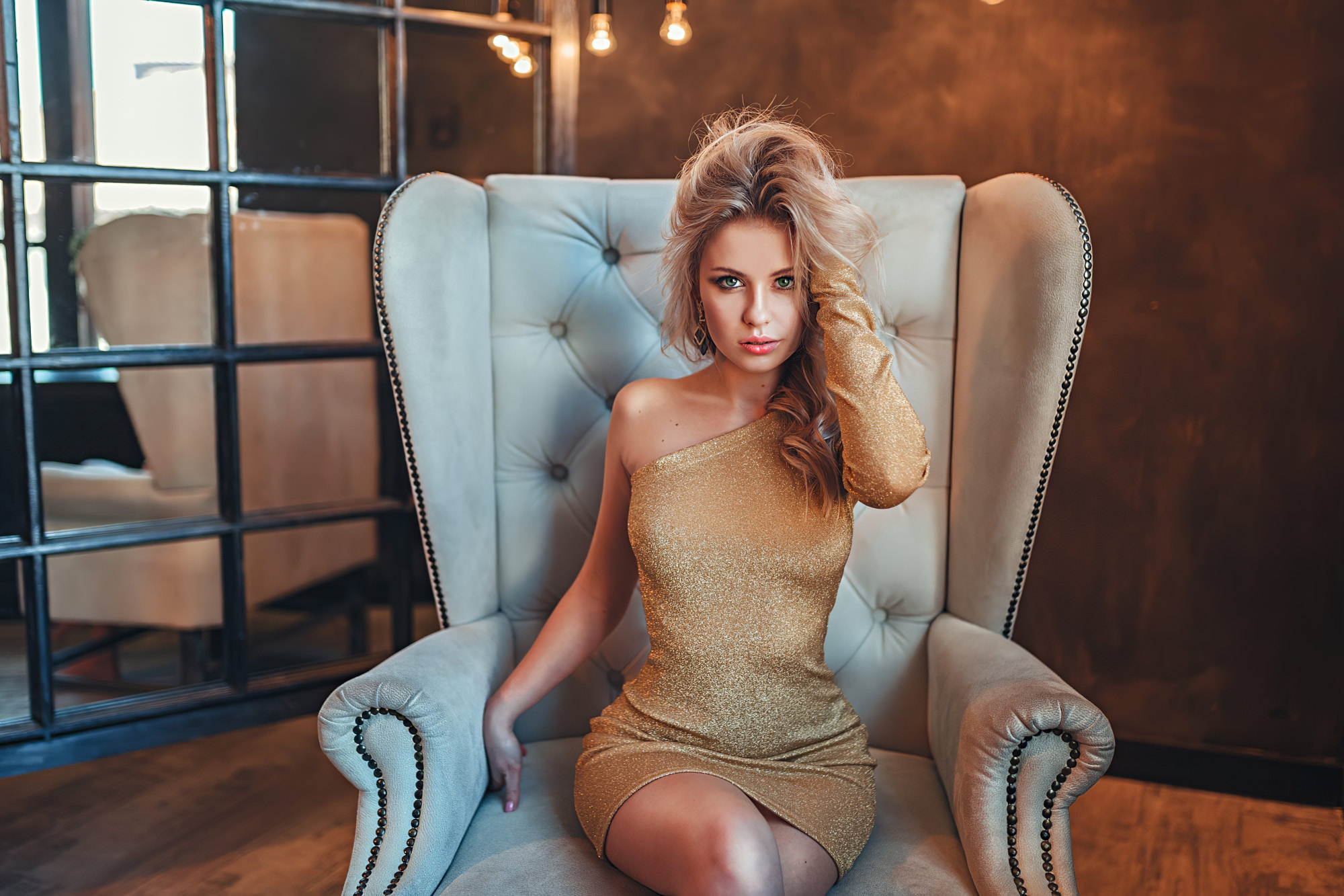 Women Blonde Grigoriy Lifin Sitting Dress Armchair Pink Nails Women Indoors Light Bulb Reflection Fr 2000x1333