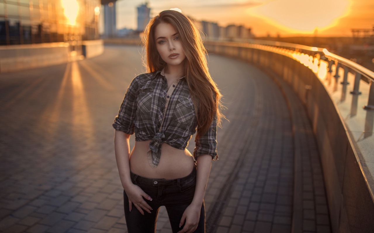 Alexandra Danilova Model Brunette Women Shirt Long Hair Women Outdoors Looking At Viewer Sunset Plai 1280x800