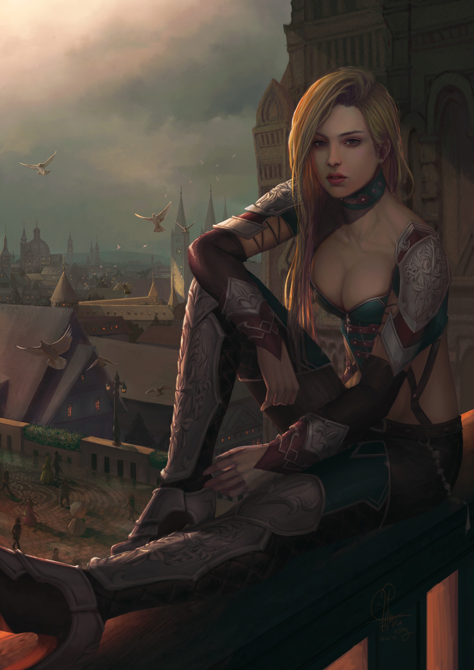 Fantasy Art Fantasy Girl Fantasy City Multi Colored Hair Blond Hair 2D Looking At Viewer Armor Ina W 1920x2715