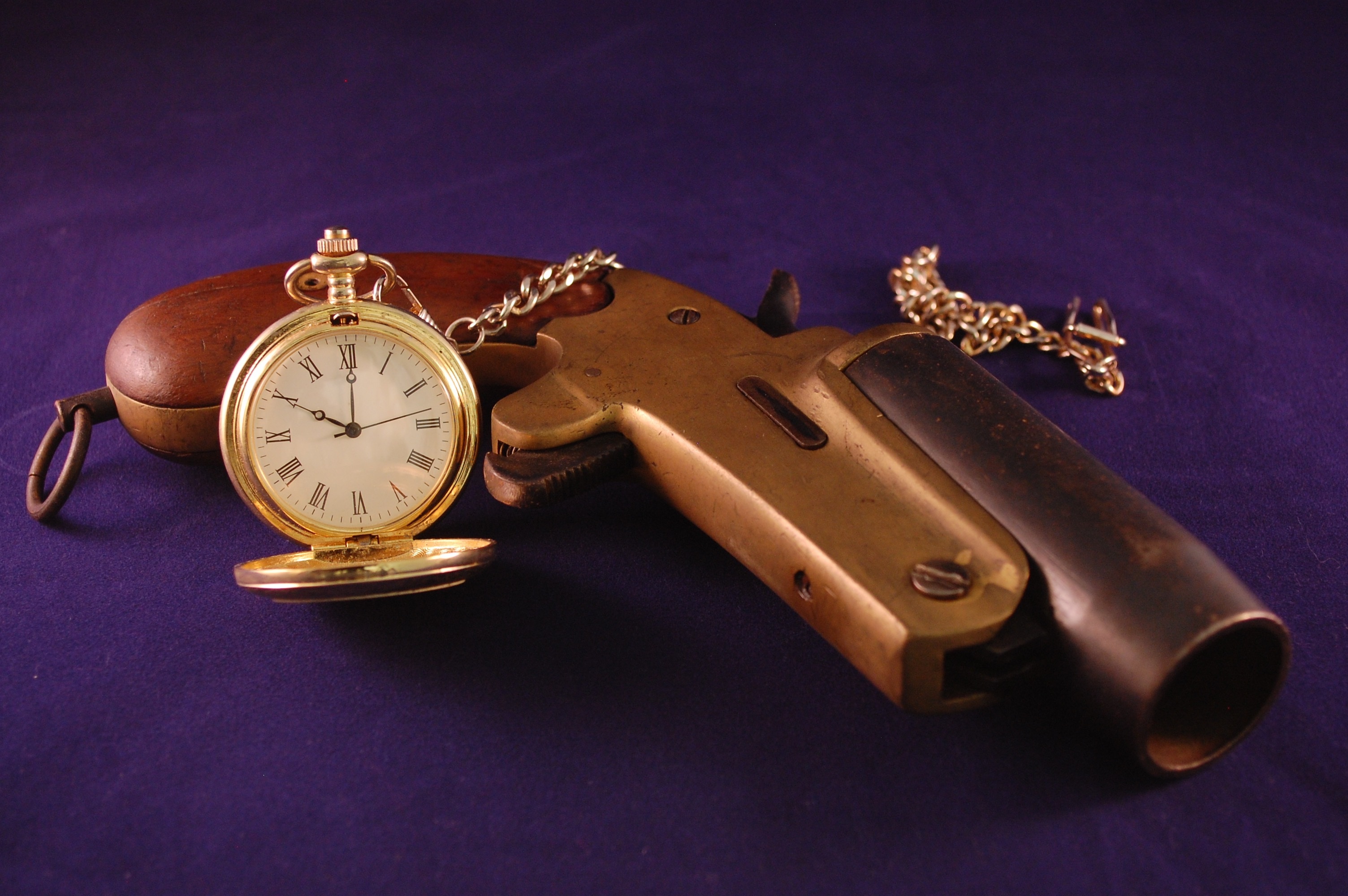 Gun Pocket Watch Clock Still Life Vintage Antique 3008x2000