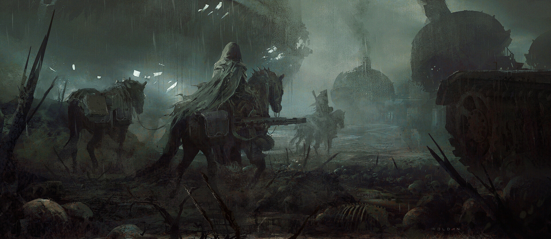 Apocalyptic Science Fiction Environment Fantasy Art Men Horse Futuristic Skull Skeleton Weapon Tank  1920x835