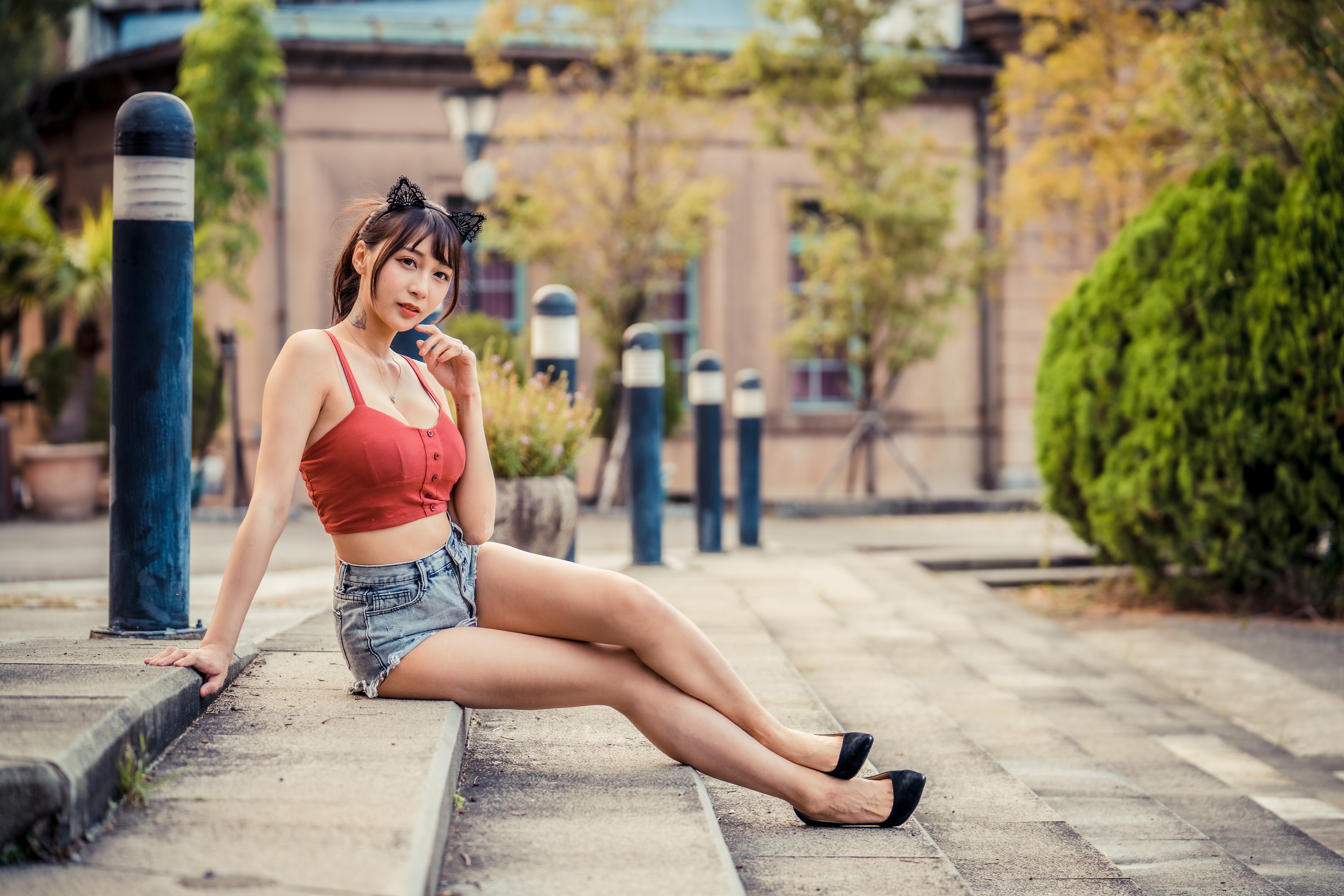 Asian Model Long Hair Depth Of Field Brunette Sitting High Heels Red Tops Stairs Bushes Trees Shorts 4562x3041