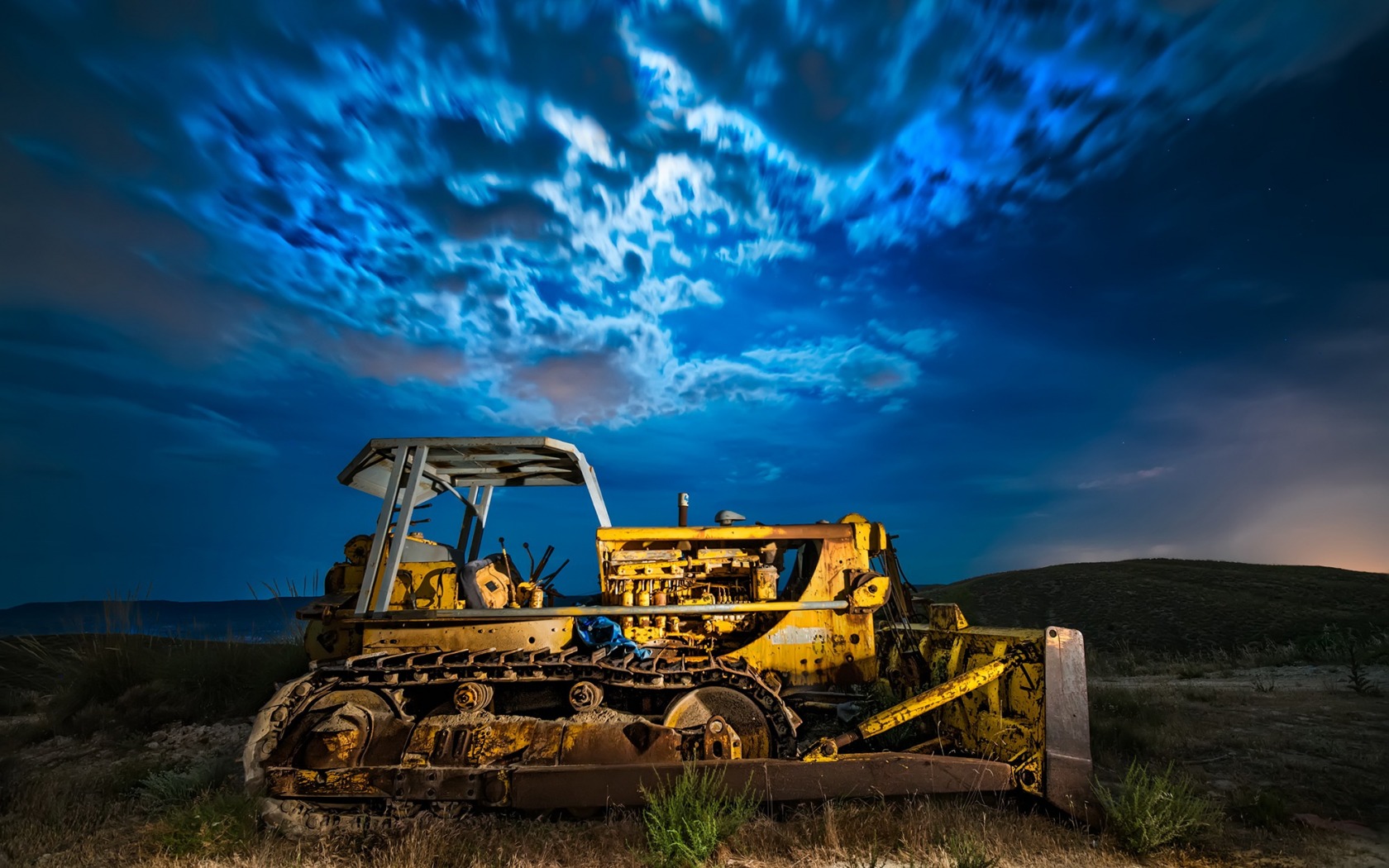 Caterpillar Sky Vehicle Bulldozer Clouds Night Blue Heavy Equipment 1680x1050