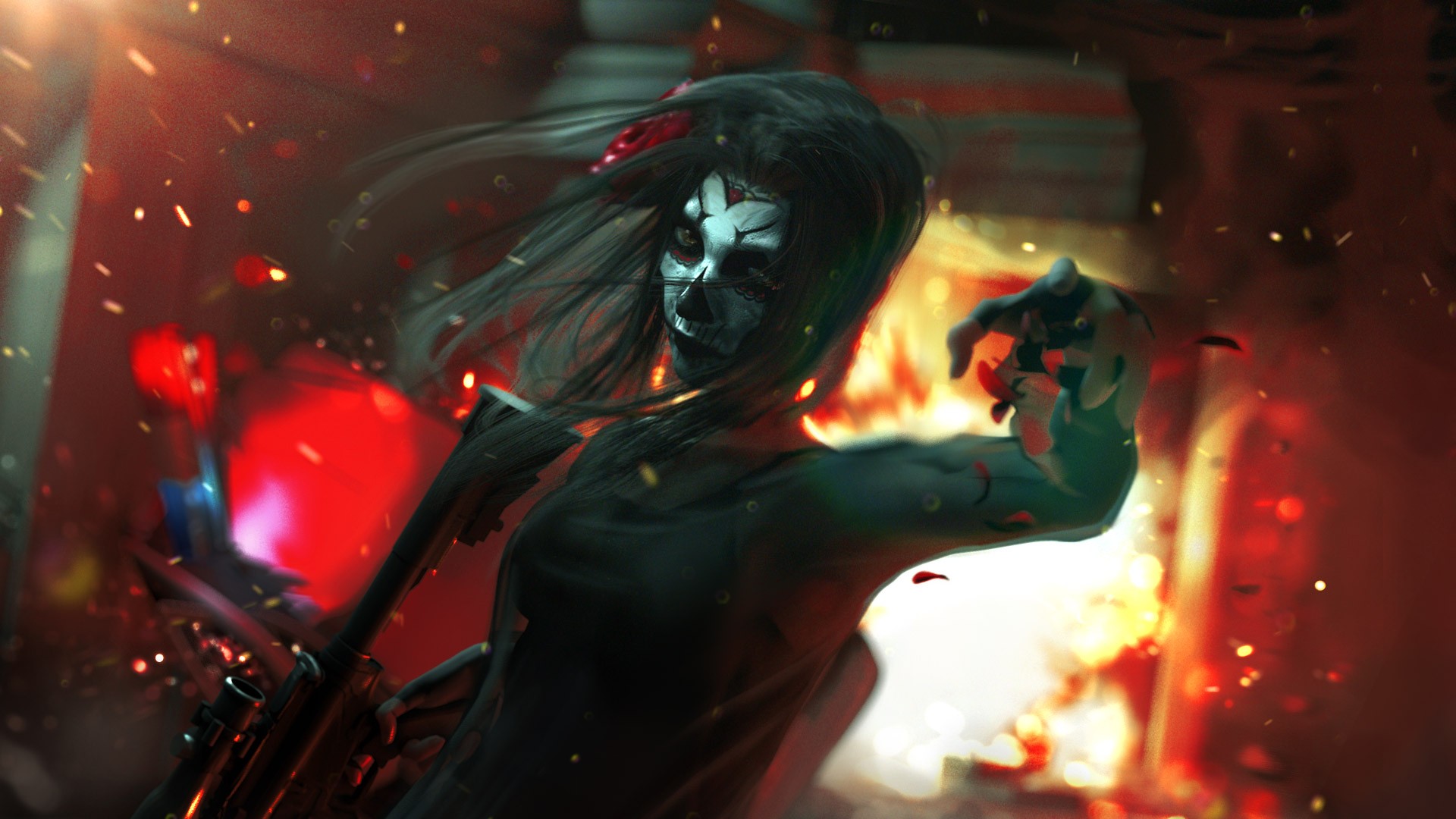 Concept Art Sugar Skull Fire Digital Art Weapon Artwork Wen JR Girls With Guns 1920x1080