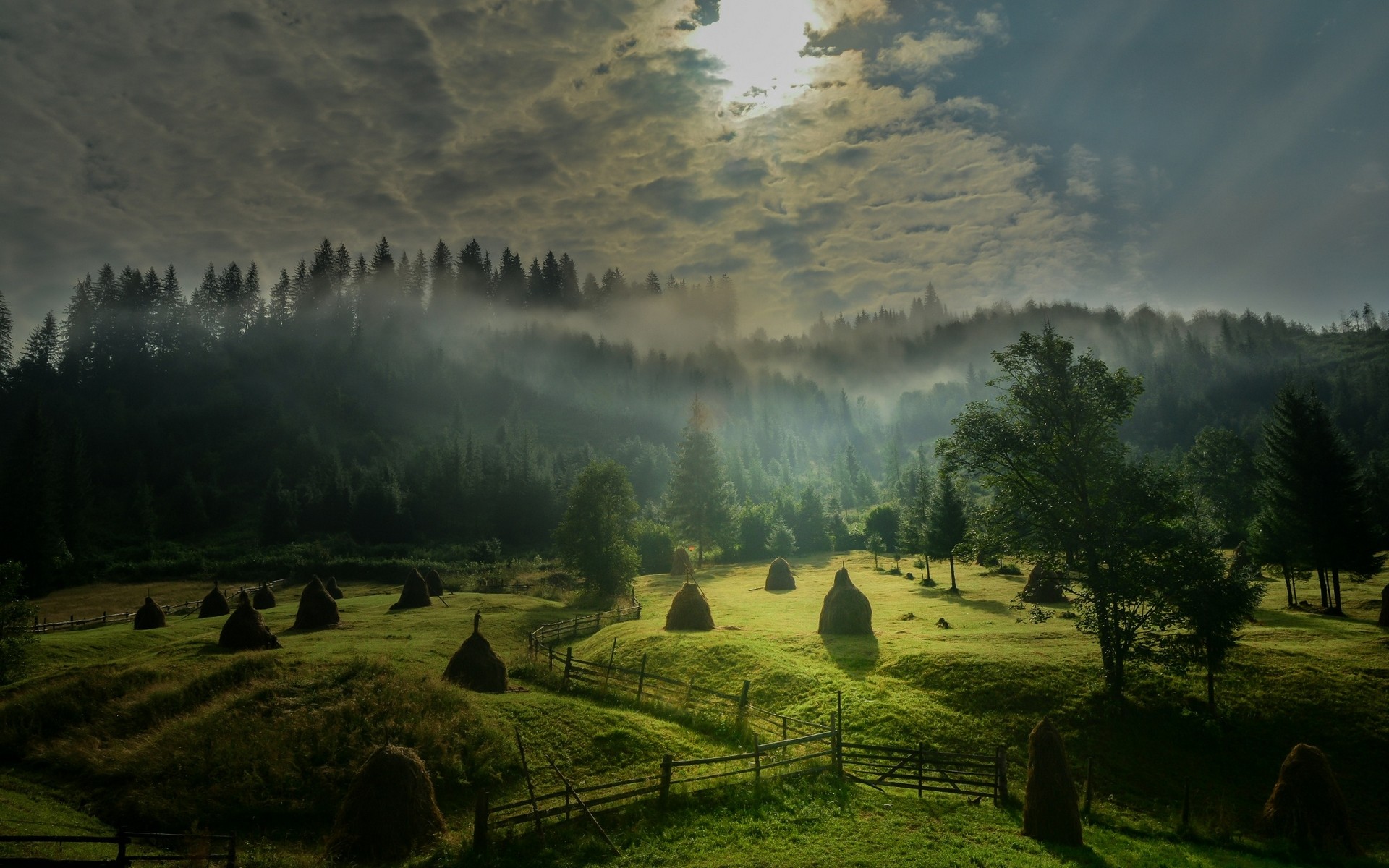 Landscape Nature Morning Sunlight Sky Mist Field Forest Hills Fence Trees Green Clouds Hay 1920x1200