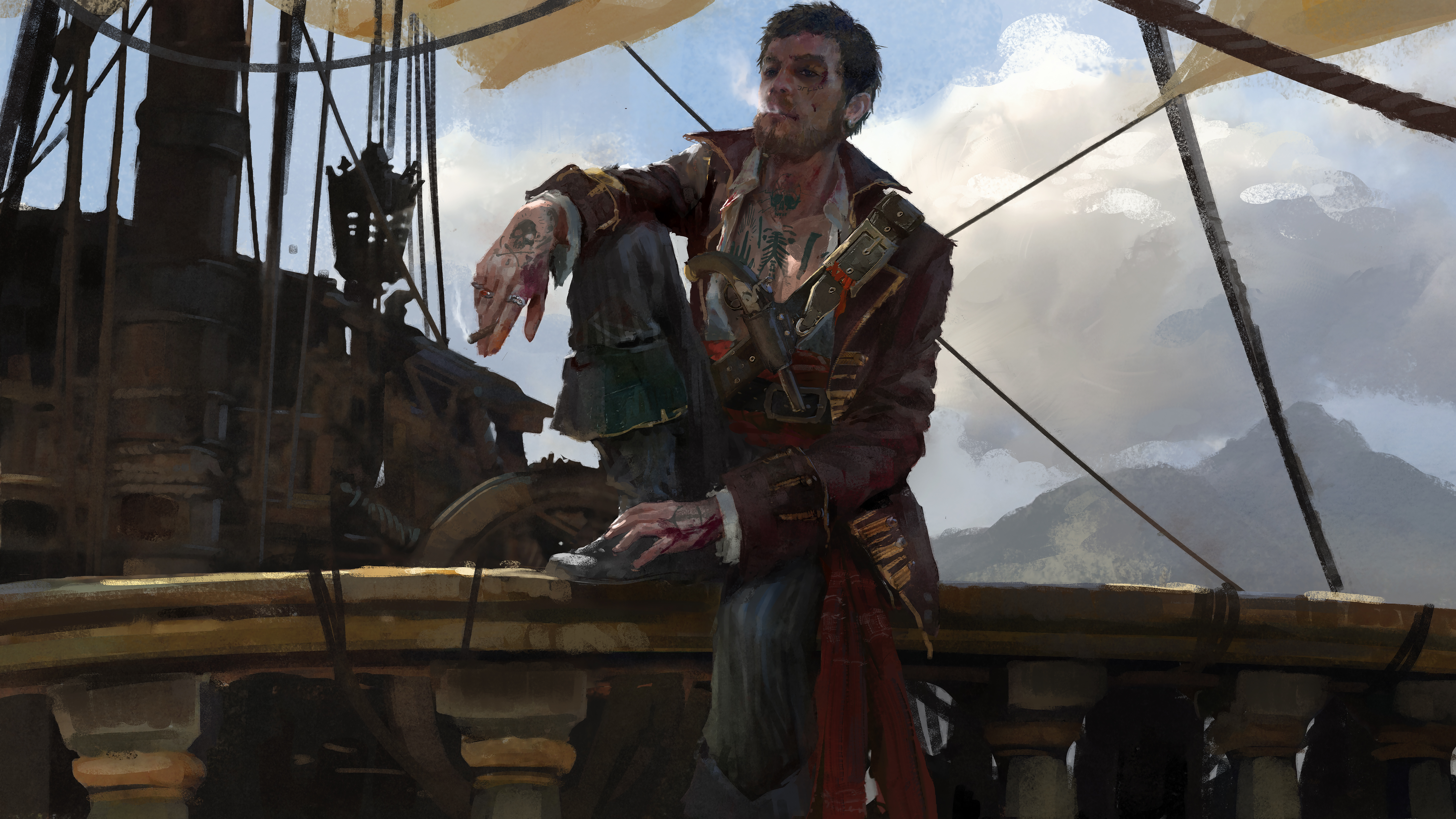 Digital Art Artwork Video Games Ubisoft Skull Bones Ship Sailor Men Smoking Looking At Viewer Tattoo 6000x3375