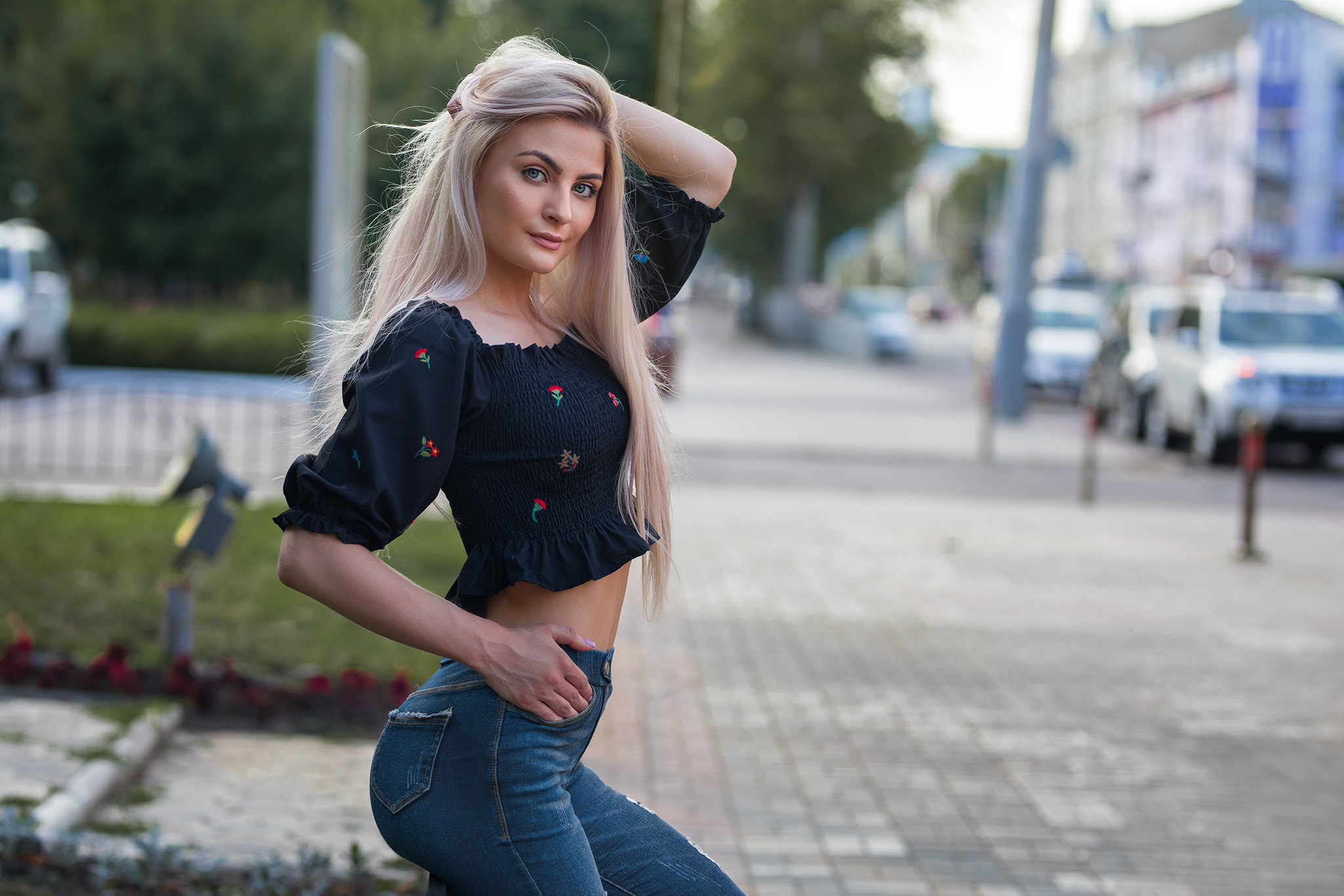 Women Blonde Jeans Portrait Women Outdoors Long Hair Dmitry Sn 2048x1365