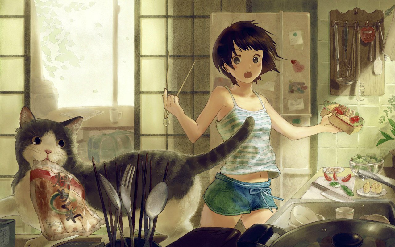 Anime Anime Girls Cats Kitchen Warm Colors Food Cutlery Cooking 1280x800