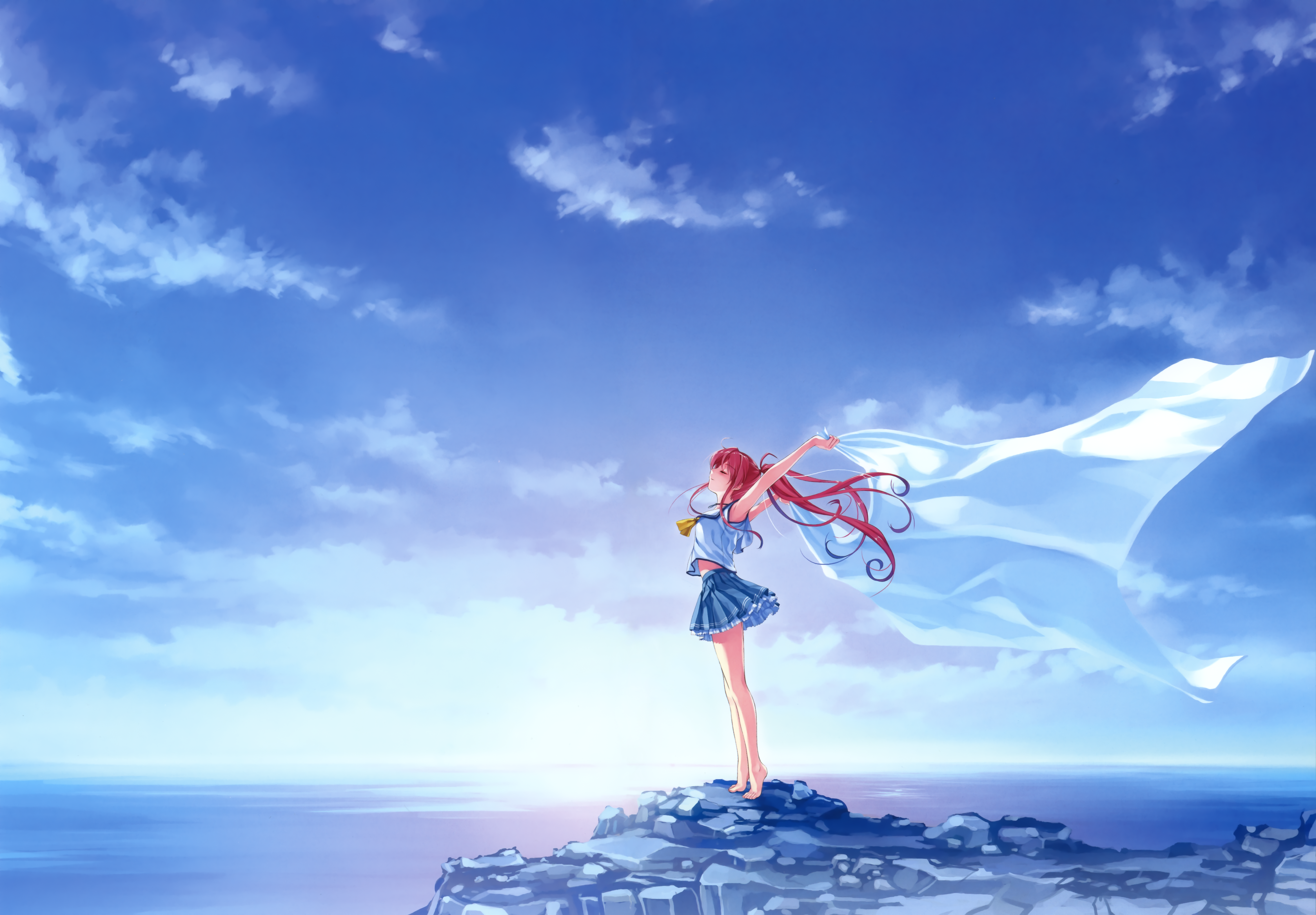 Anime Anime Girls Redhead Long Hair Sky Clouds School Uniform Deep Blue Sky Pure White Wings 4673x3249