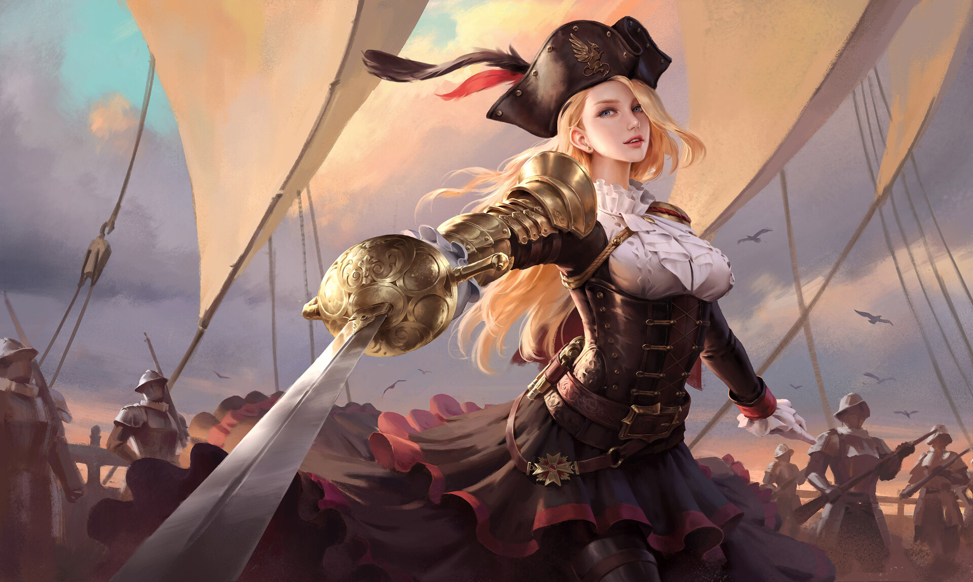 Wenfei Ye Drawing Pirate Hat Pirates Women Blonde Long Hair Wind Armor Gold Skirt Weapon Sword Looki 1920x1148