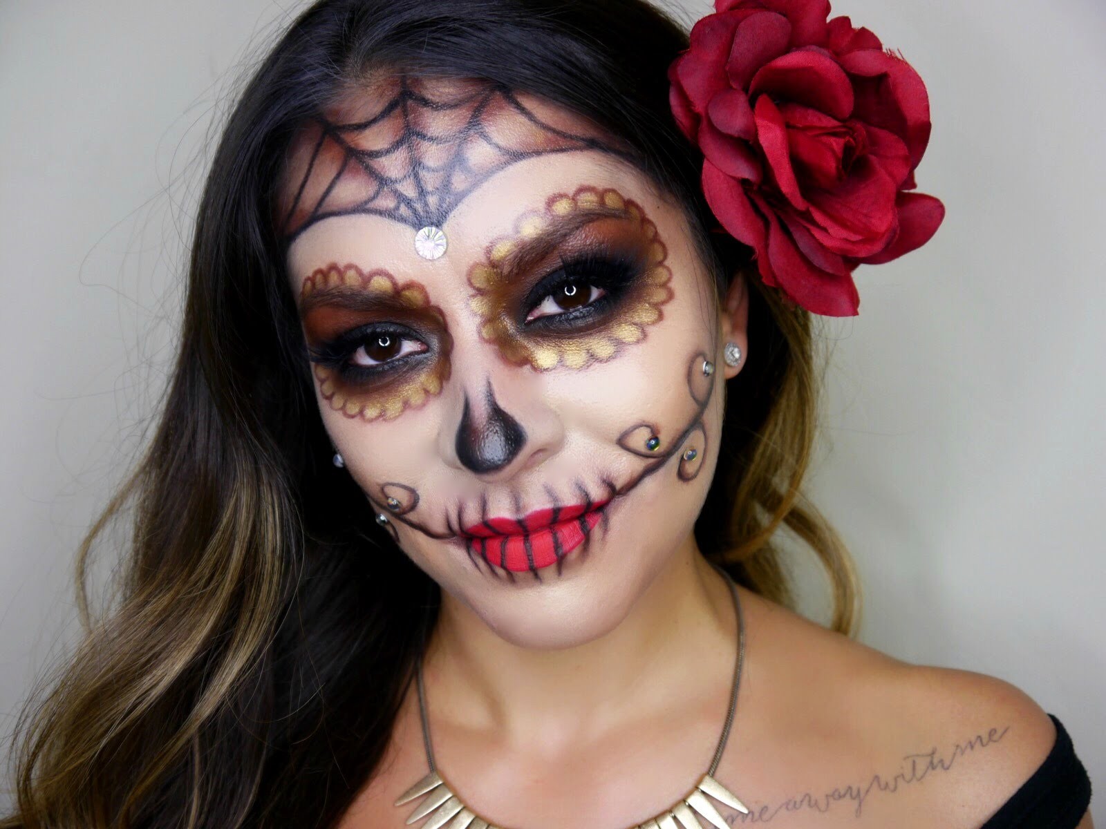 Sugar Skull Dia De Los Muertos Women Face Paint Flower In Hair Brunette 1600x1200
