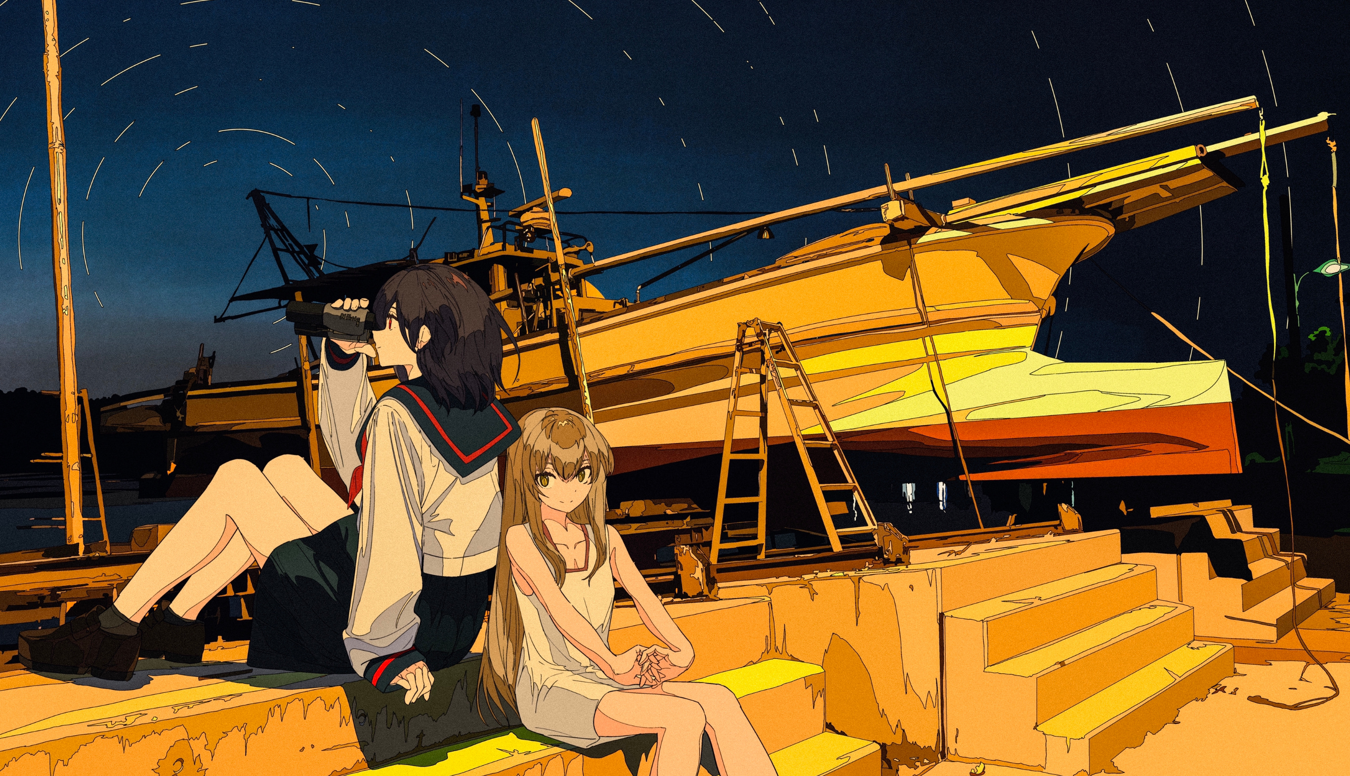 Binoculars Night Sky Anime Sky Anime Girls Blonde Boat Vehicle Sitting Dark Hair 2732x1570