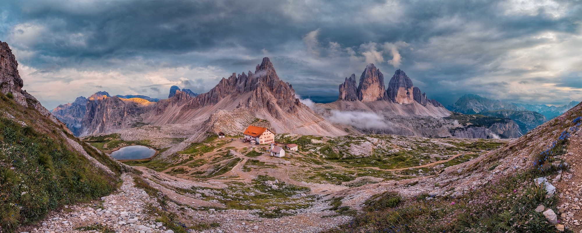 Nature Landscape Panoramas Mountains Lake Wildflowers Alps Italy Clouds Summer Hotel Cabin 2000x800