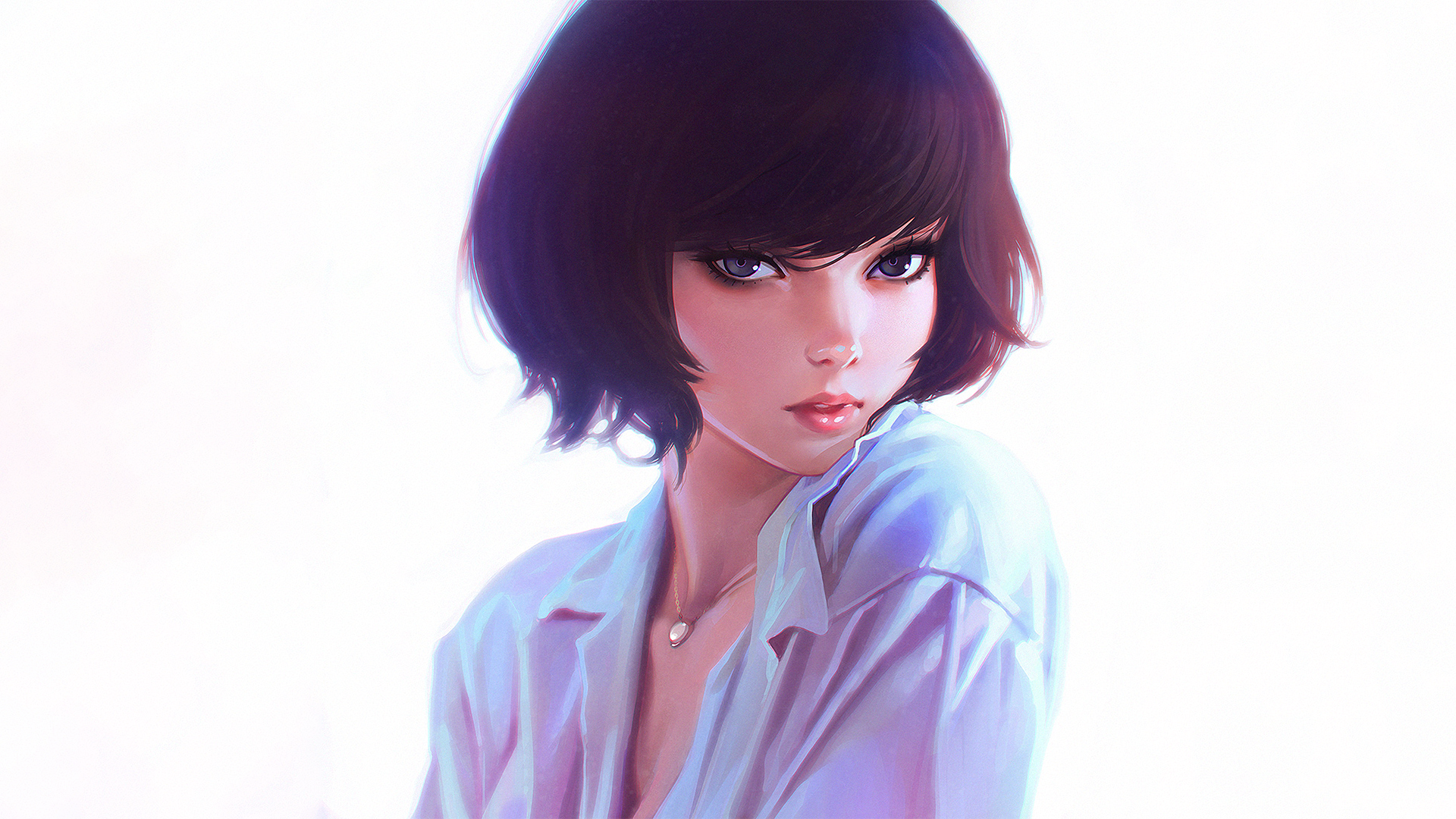 Ilya Kuvshinov Dark Hair White Shirt Short Hair Artwork Open Mouth Digital Art Fantasy Art Original  1920x1080