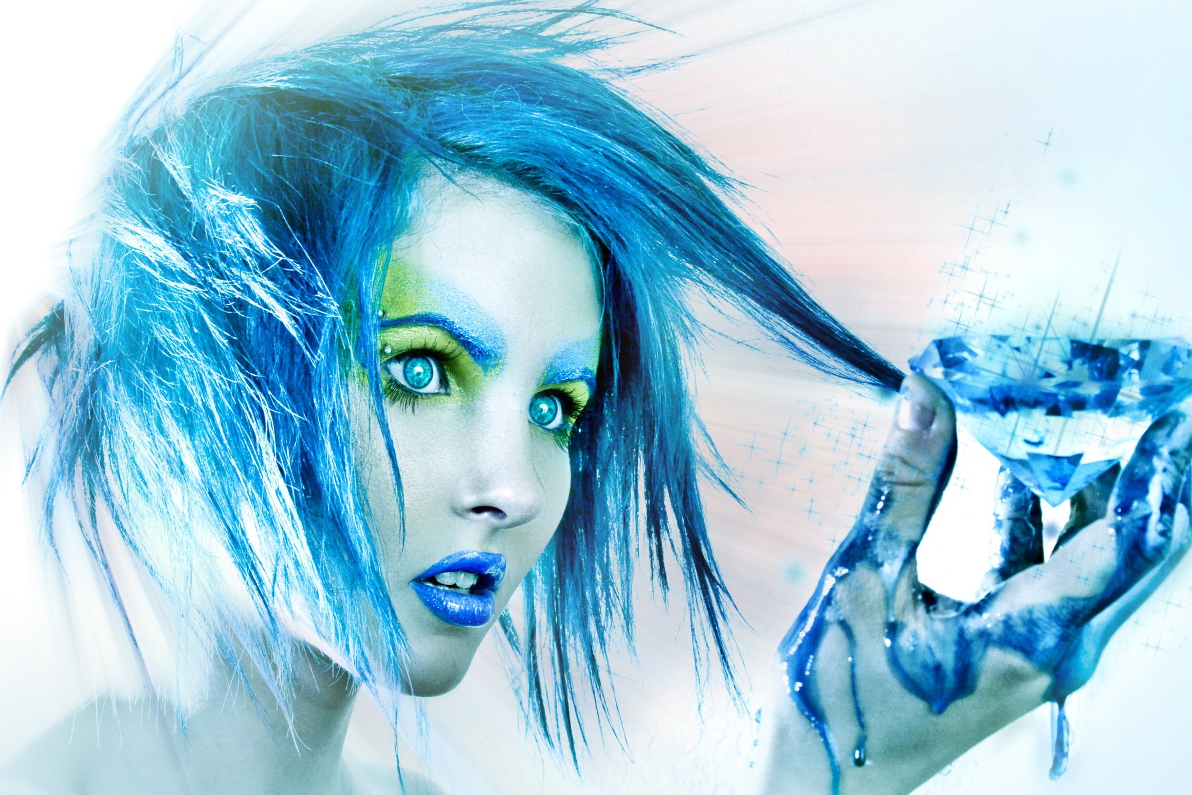 Women Face Diamonds Blue Eyes Blue Hair Makeup Cyan 2319x1546