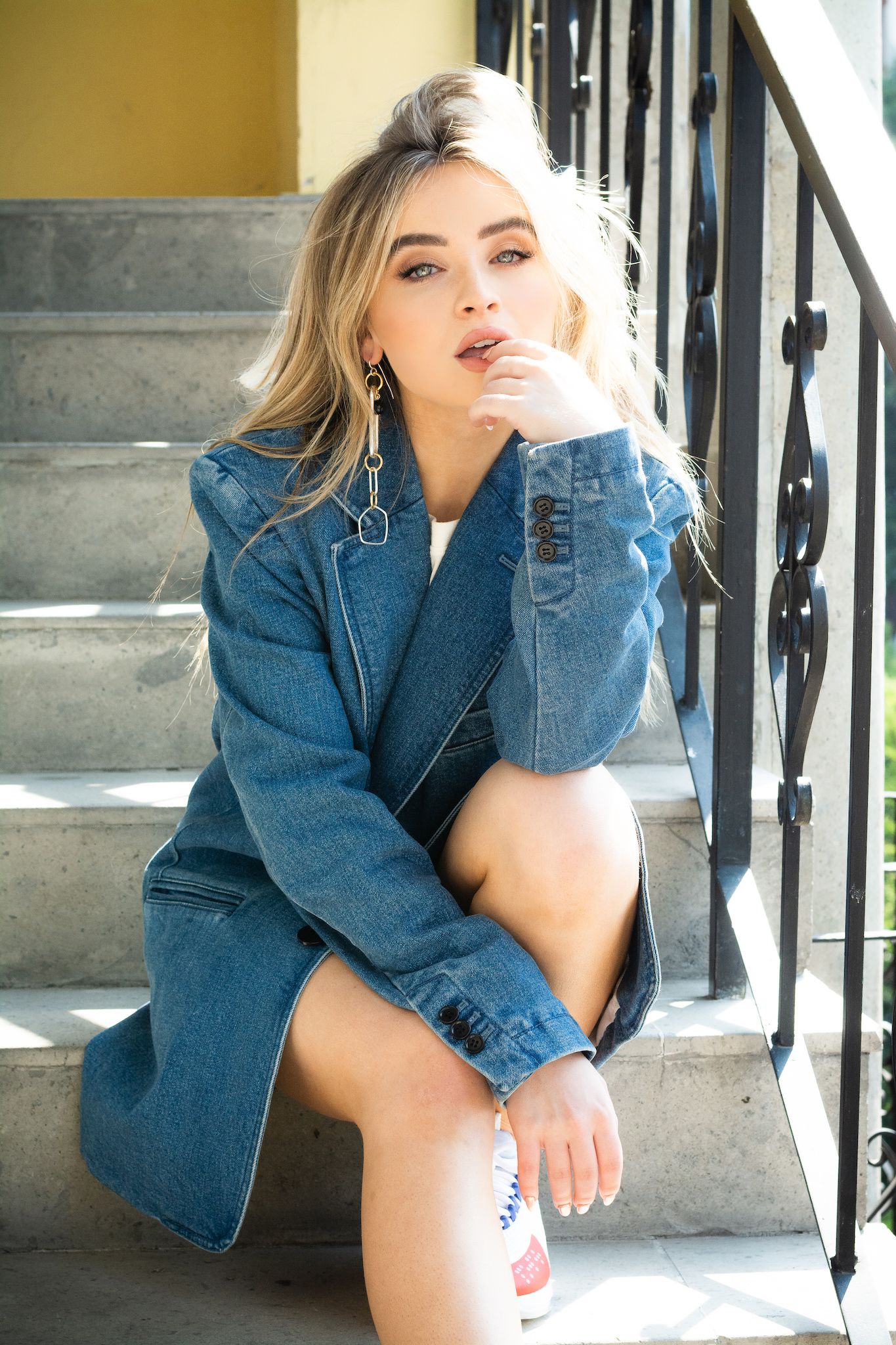 Sabrina Carpenter Women Actress Blonde Long Hair Blue Eyes Stairs Sitting Blue Coat Coats Blue Cloth 1365x2048