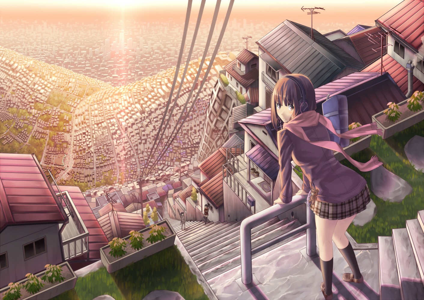 Birds Eye View Sunset Building Stairs Headphones Power Lines Soft Shading Detailed Anime Anime Girls 1412x1000
