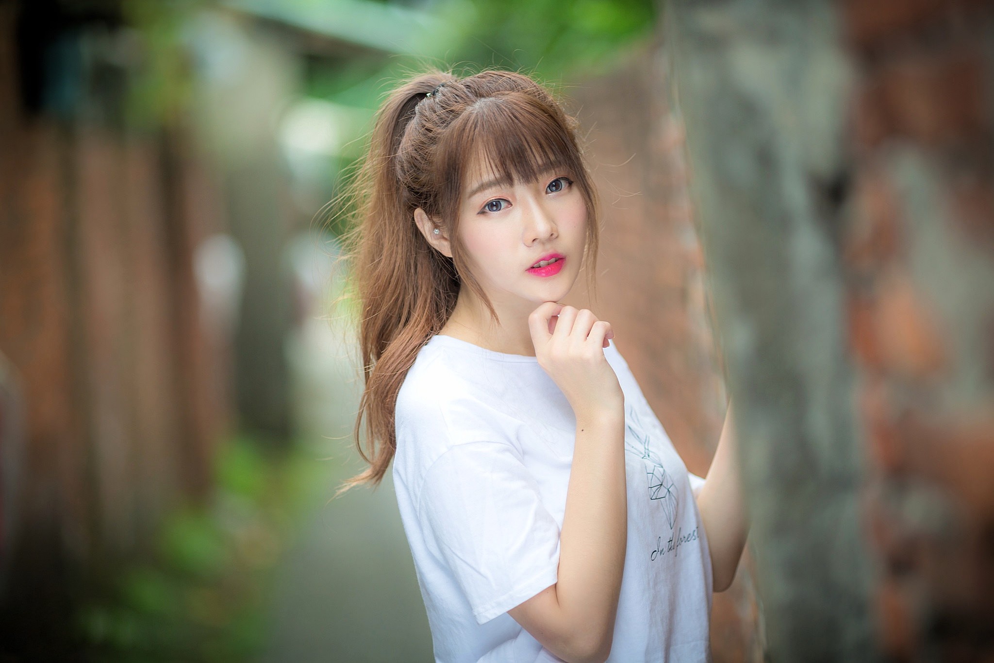Asian Women Portrait Brunette Women Outdoors Urban Face Long Hair Fake Iris Bangs Pink Lipstick 2048x1365