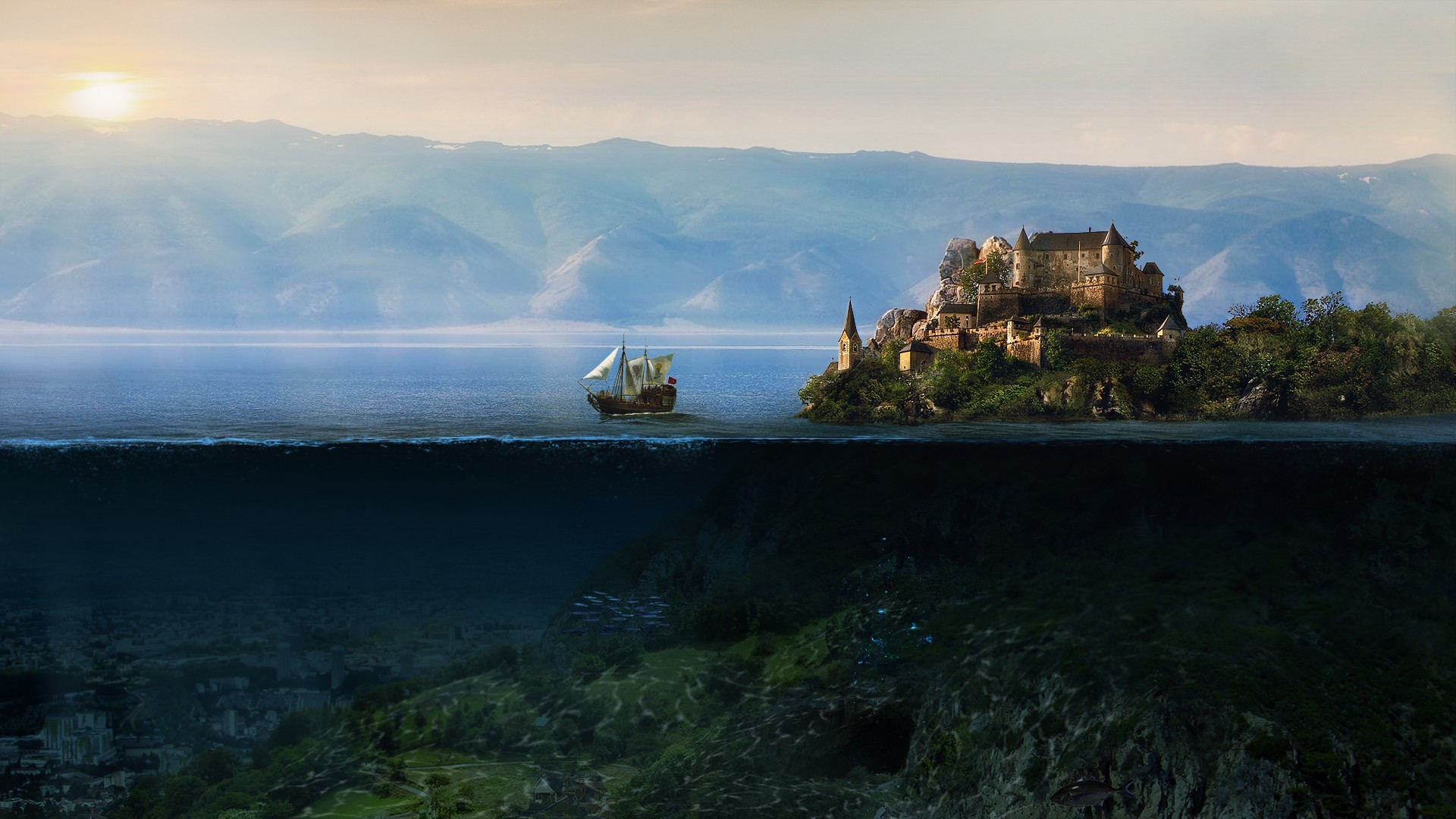 Castle Fantasy Art Sailing Ship Split View Underwater 1920x1080
