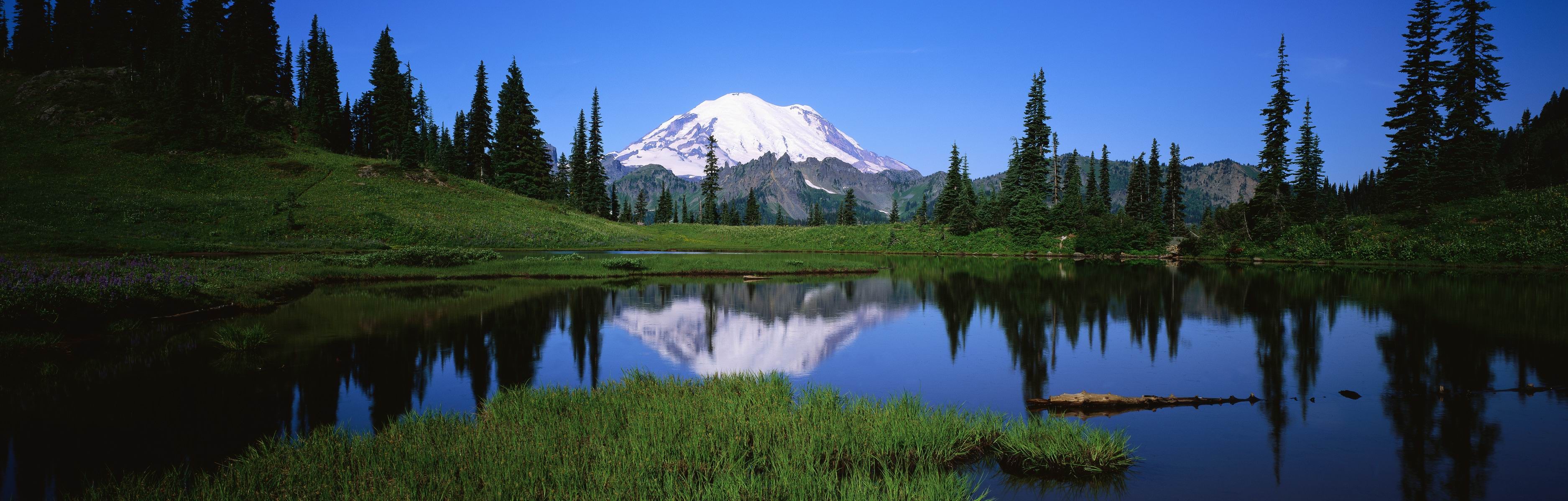 Landscape Water Reflection Mountains Mt Rainier 3750x1200