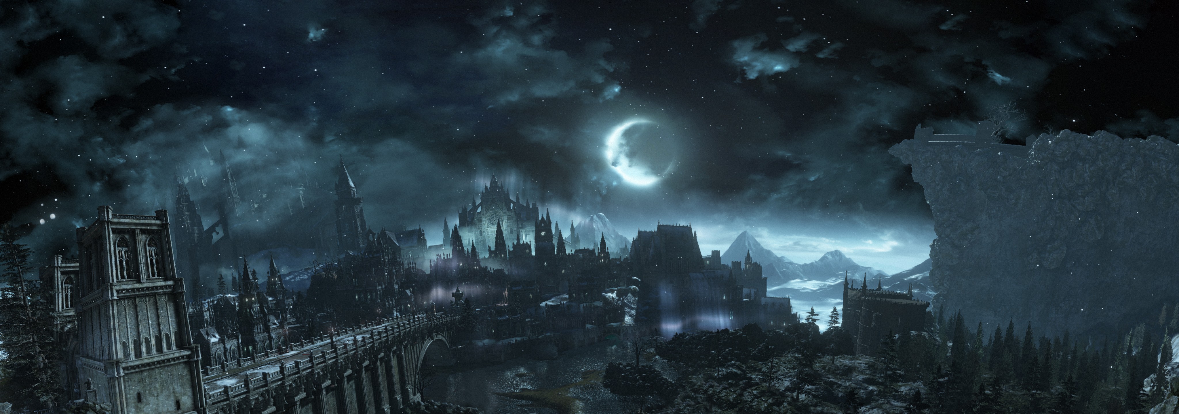 Dark Souls Iii Dark Souls Castle Dark Fantasy Night Moon Video Games Sky Clouds Irithyll 4096x1440