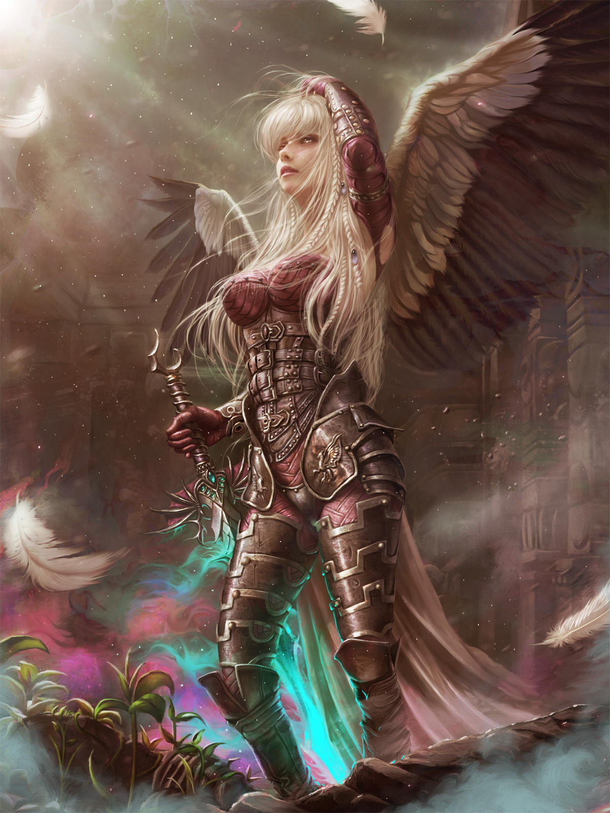 KyuYong Eom Drawing Women Blonde Long Hair Braids Looking Away Wings Necromancers Weapon Sword Magic 1200x1600