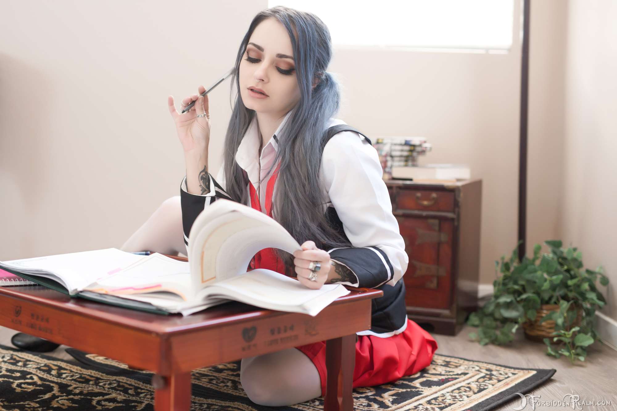 Model Tattoo Students Studying Silver Hair Thigh Highs 2000x1333