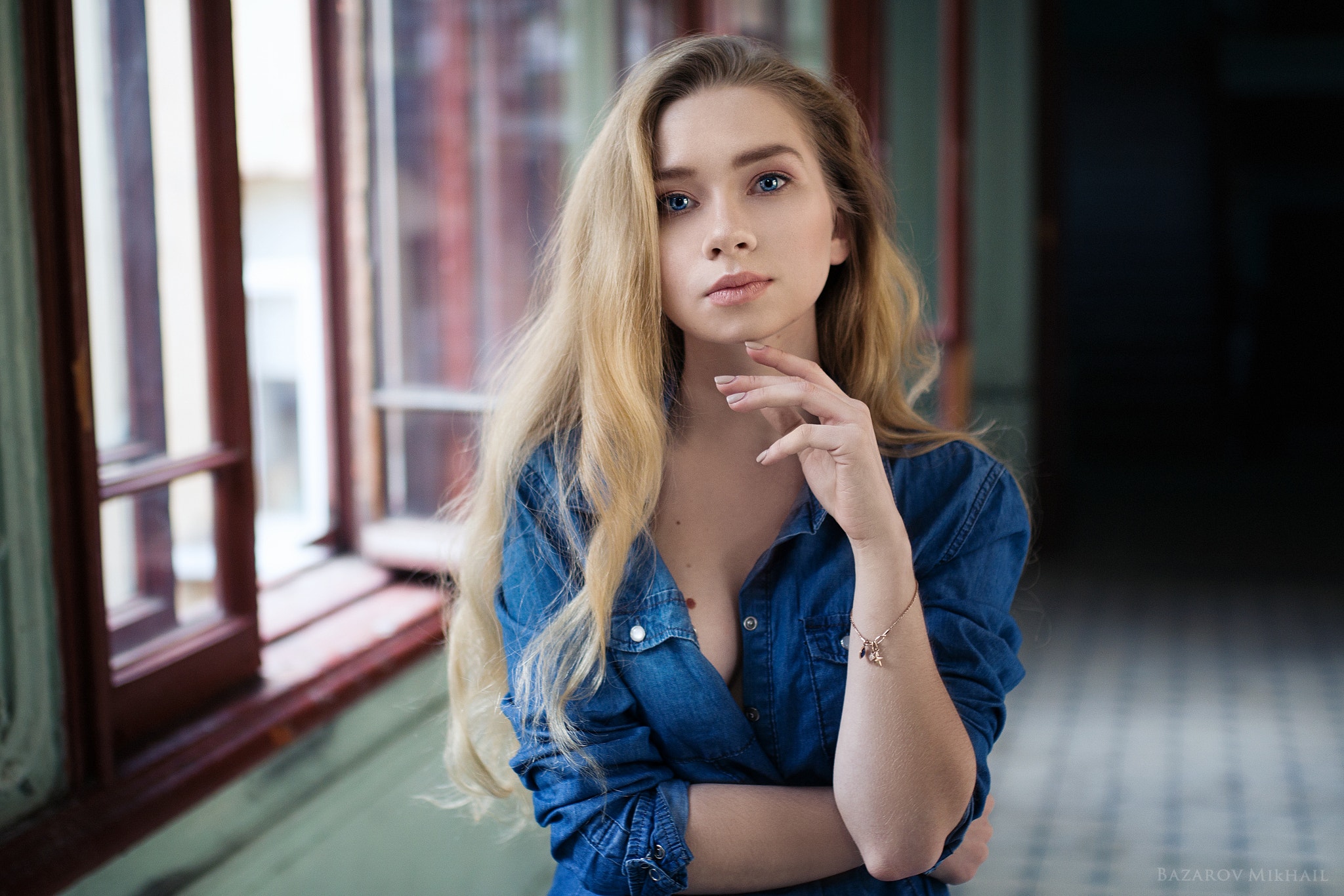 Women Blonde Portrait Denim Shirt Blue Eyes Depth Of Field Mikhail Bazarov Jeans Shirt Touching Face 2048x1366
