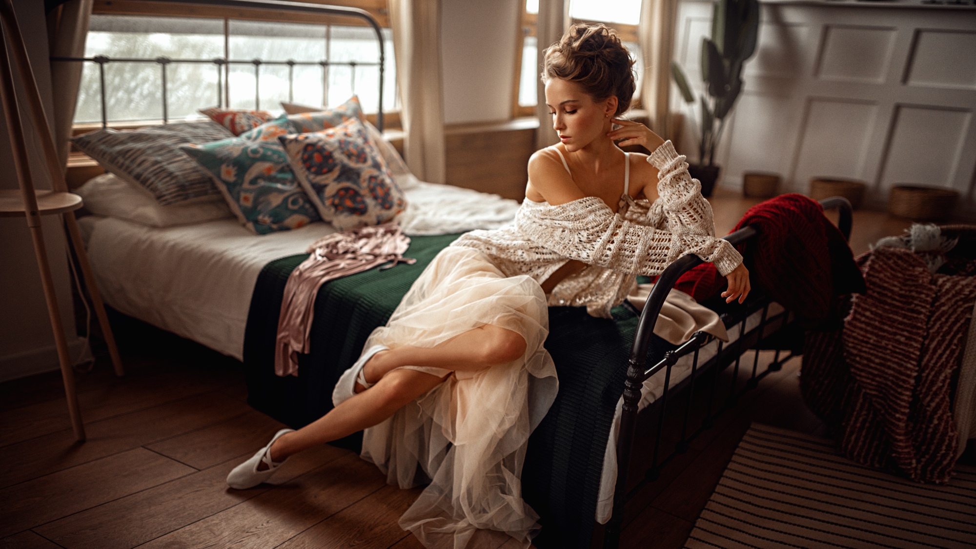 Fenix Raya Women Model Brunette Sweater Dress Ballet Slippers Profile In Bed Bed Bedroom Depth Of Fi 2000x1125