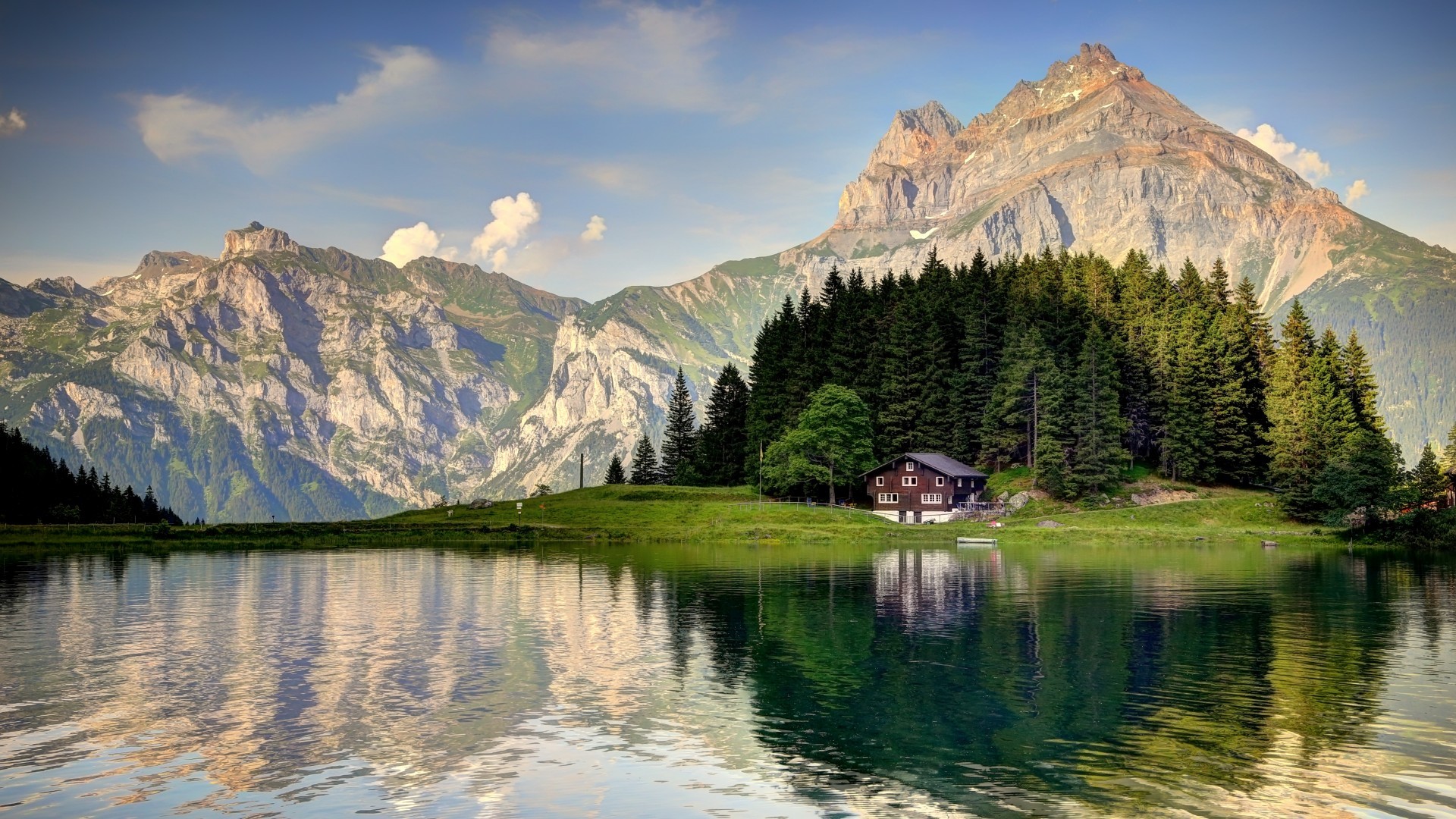 Landscape Swiss Alps Mountains Lake Cottage 1920x1080