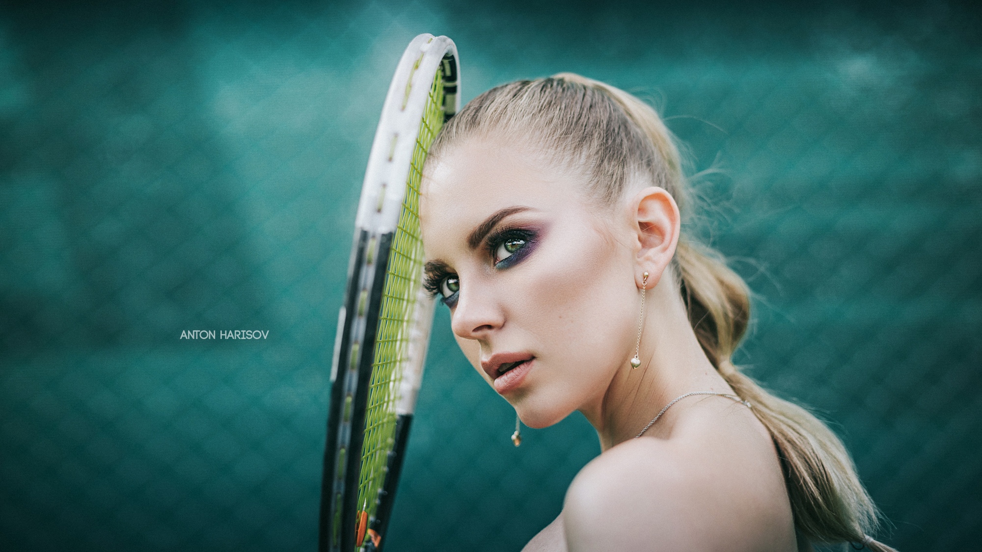 Women Blonde Anton Harisov Tennis Rackets Portrait Looking Away Sneakers Women Outdoors Bare Shoulde 2000x1125