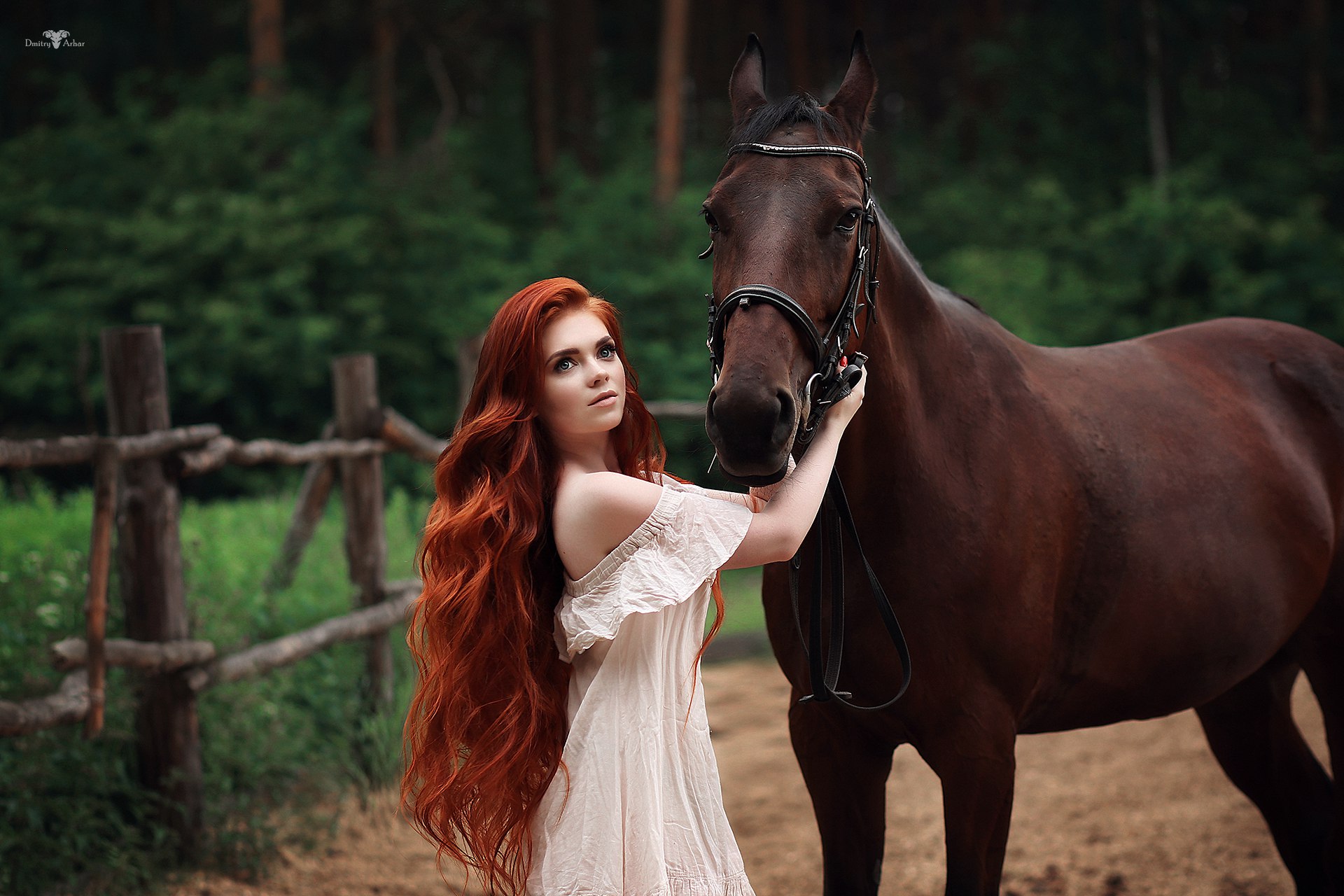 Women Redhead Face Long Hair Dress Women Outdoors Wavy Hair Bare Shoulders Horse Blue Eyes Dmitry Ar 1920x1280