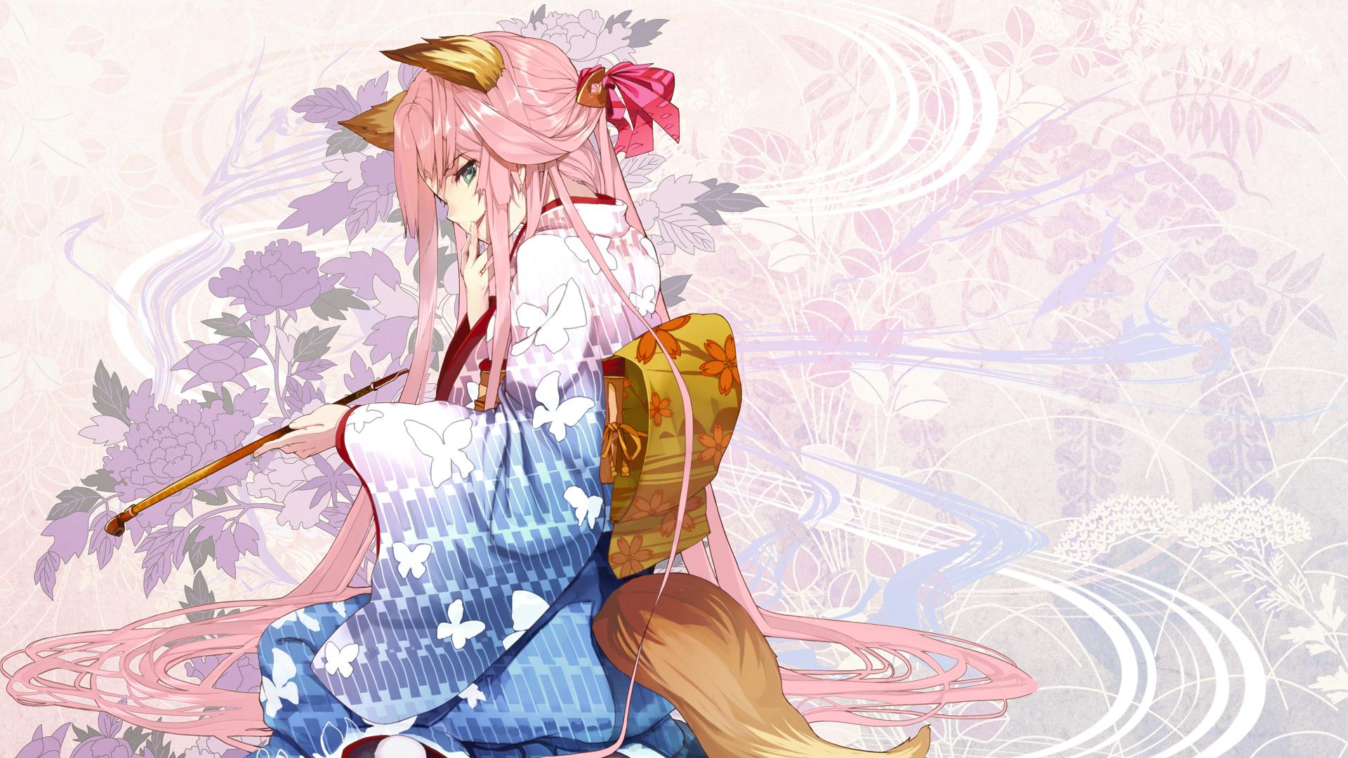 Kitsune Anime Fox Pink Hair Kimono 1920x1080