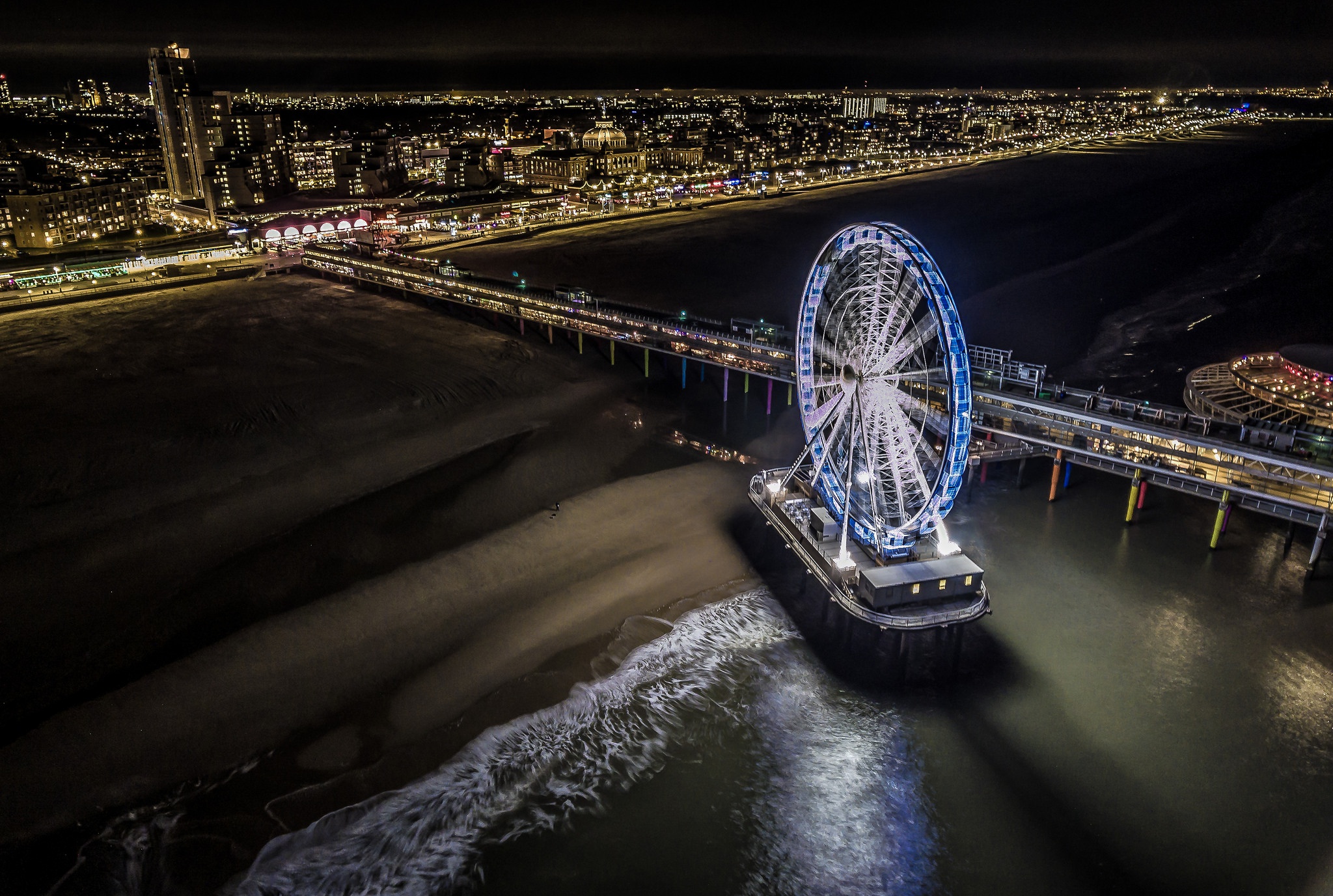 The Hague Netherlands Night Coastline Light Ferris Wheel Pier Building 2048x1377